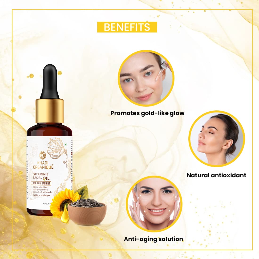 Khadi Organique Vitamin E Facial Oil for Glowing & Brightening Skin | Anti-Dullness, Stretch Marks & Scars Treatment | 30ml | Perfect for Daily Skincare & Nighttime Hydration