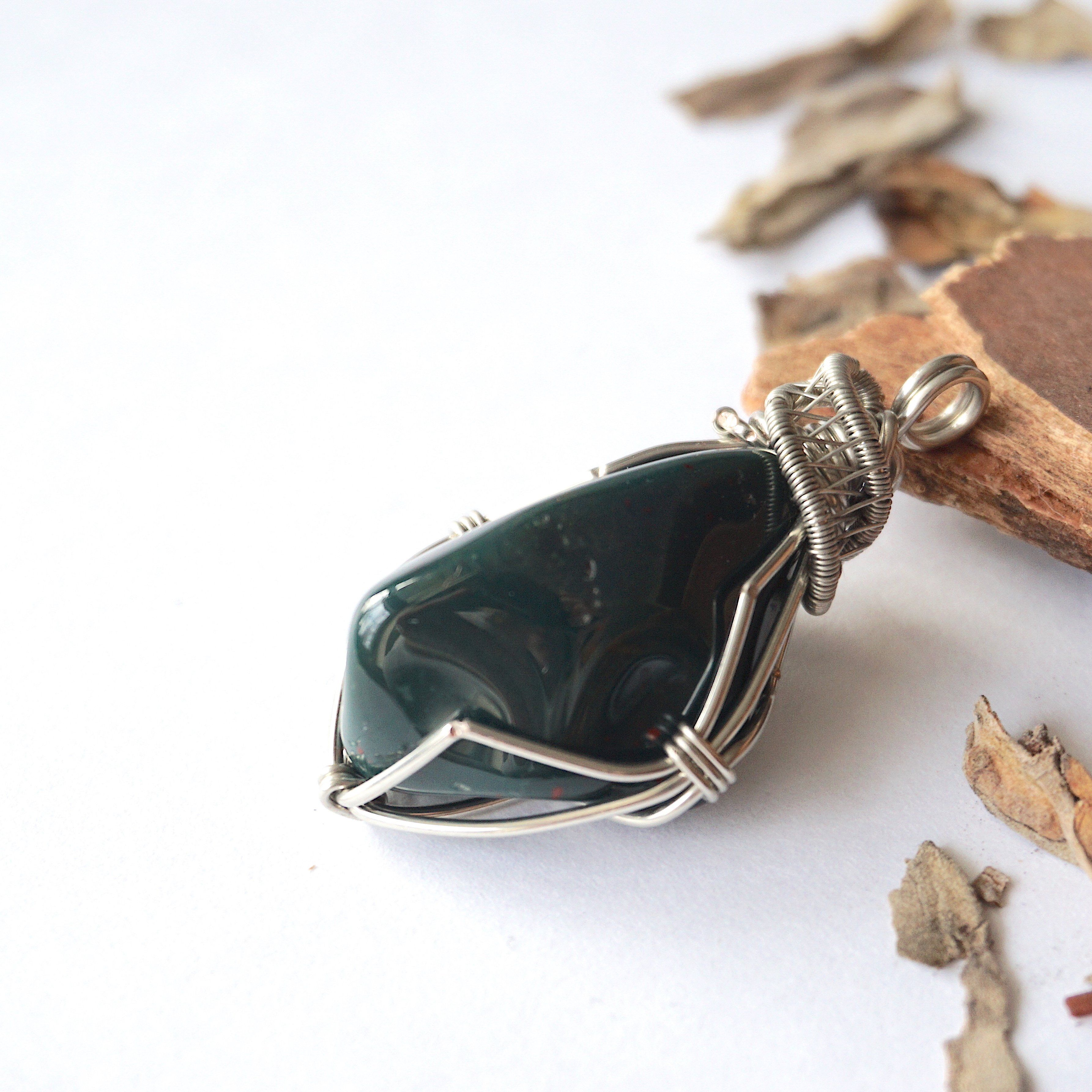 Natural Bloodstone Necklace with White Gold Plated Brass Pendant - Healing Crystal Jewelry for Women, Meditation & Energy Balancing