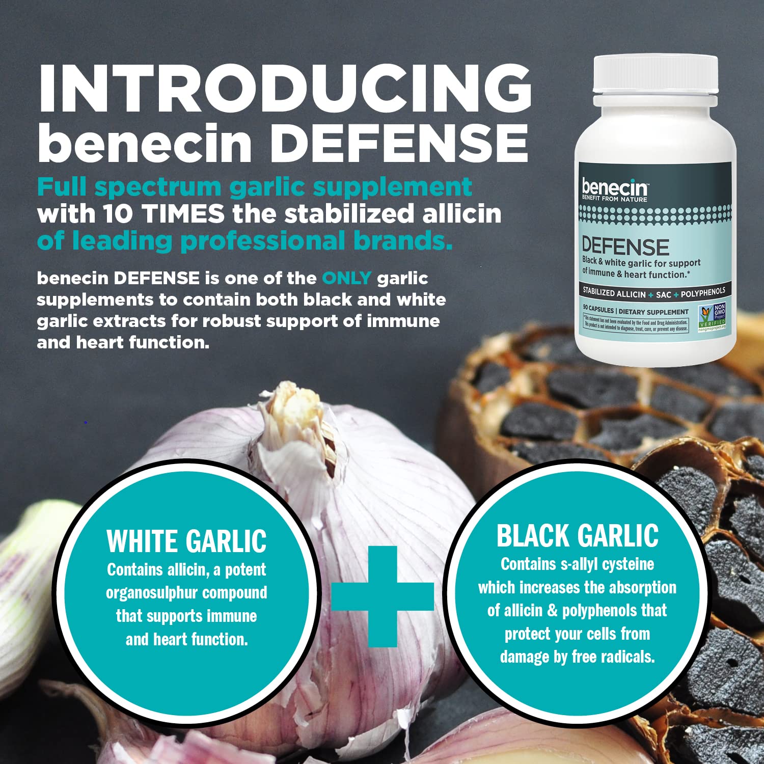 Benecin Defense 1500mcg Stabilized Allicin Capsules with Black Garlic SAC & Polyphenols | Immune & Heart Health Support | Vegetarian Supplement (360 Count) | Daily Wellness & Immune Boost for Active Lifestyles