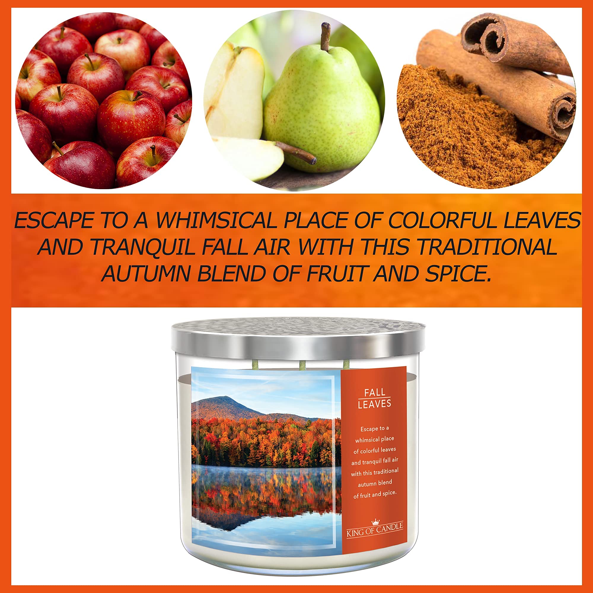 Fall Leaves Scented Candle - Apple Pear Spice Aroma | Large 3-Wick Soy Wax Candle (14oz) | Non-Toxic, Strong Fragrance, Clean Burning | USA Made Thanksgiving Decor & Home Fragrance | Perfect for Autumn Decor, Cozy Evenings & Holiday Gatherings