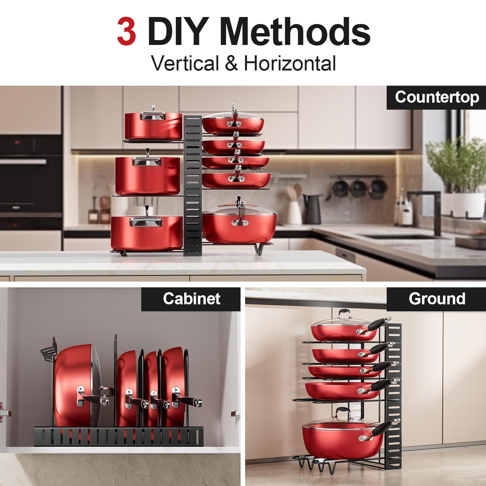 MUDEELA 8-Tier Under Cabinet Pots and Pans Organizer Rack - Adjustable Kitchen Storage Solution with 3 DIY Installation Methods - Perfect for Small Kitchens, Pantries, and Cabinet Organization