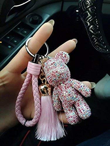 Cute Bear Rhinestone Keychain with Tassel Leather Rope - Bling Bling Light Pink Keychain for Bags, Backpacks, and Gift Giving