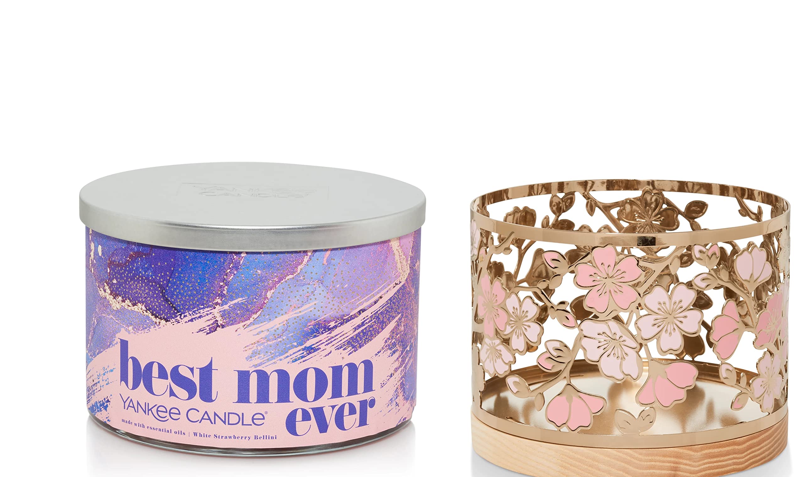 Best Mom Ever Yankee Candle - Pink Sands Scented 3-Wick Tumbler Candle with Cherry Blossom Jar Holder | Gift for Mother's Day, Birthday & Home Decor
