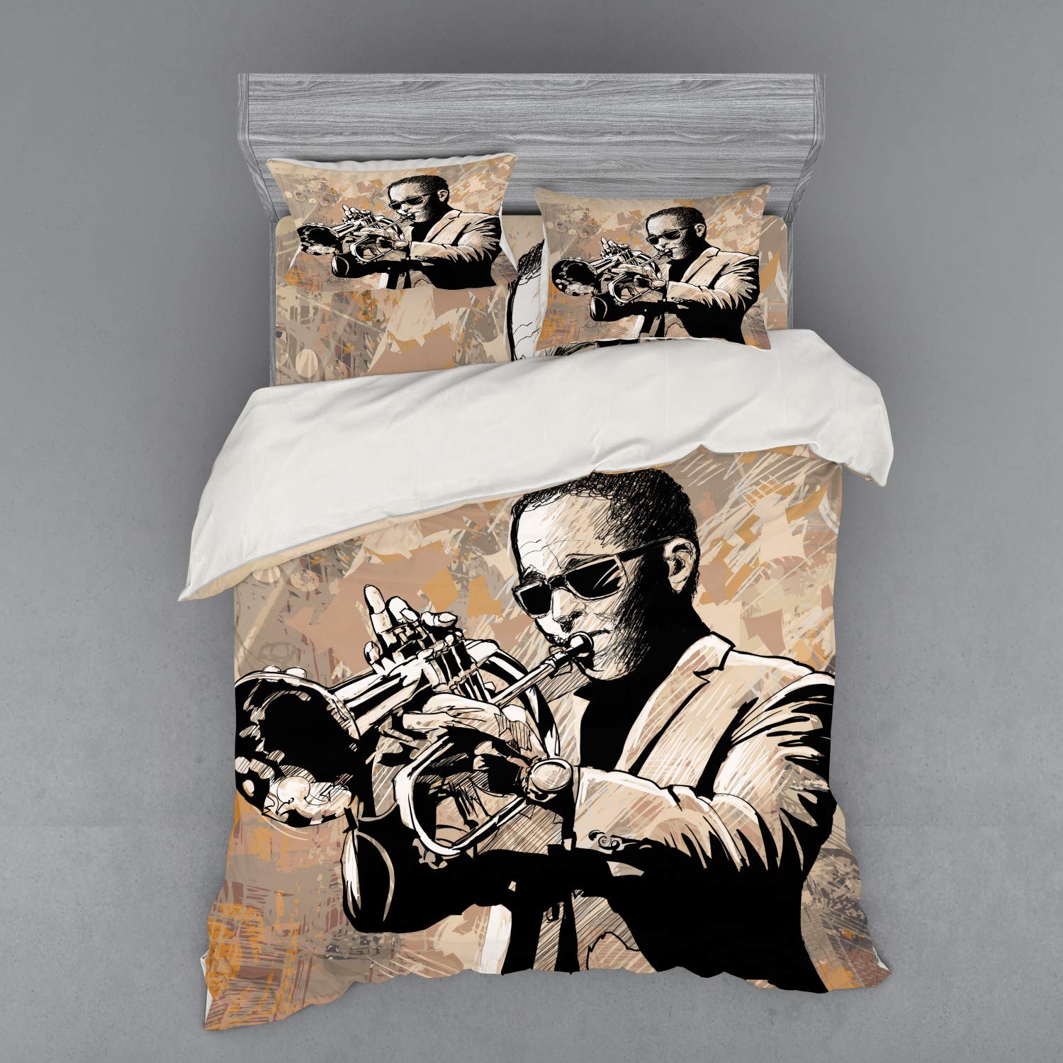 Ambesonne Jazz Music Duvet Cover Set - Grunge Style Musician with Sunglasses Playing Trumpet 4-Piece Bedding Set with Shams & Fitted Sheet, Queen Size Beige & Black - Perfect for Jazz Lovers' Bedroom Decor & Music Themed Rooms