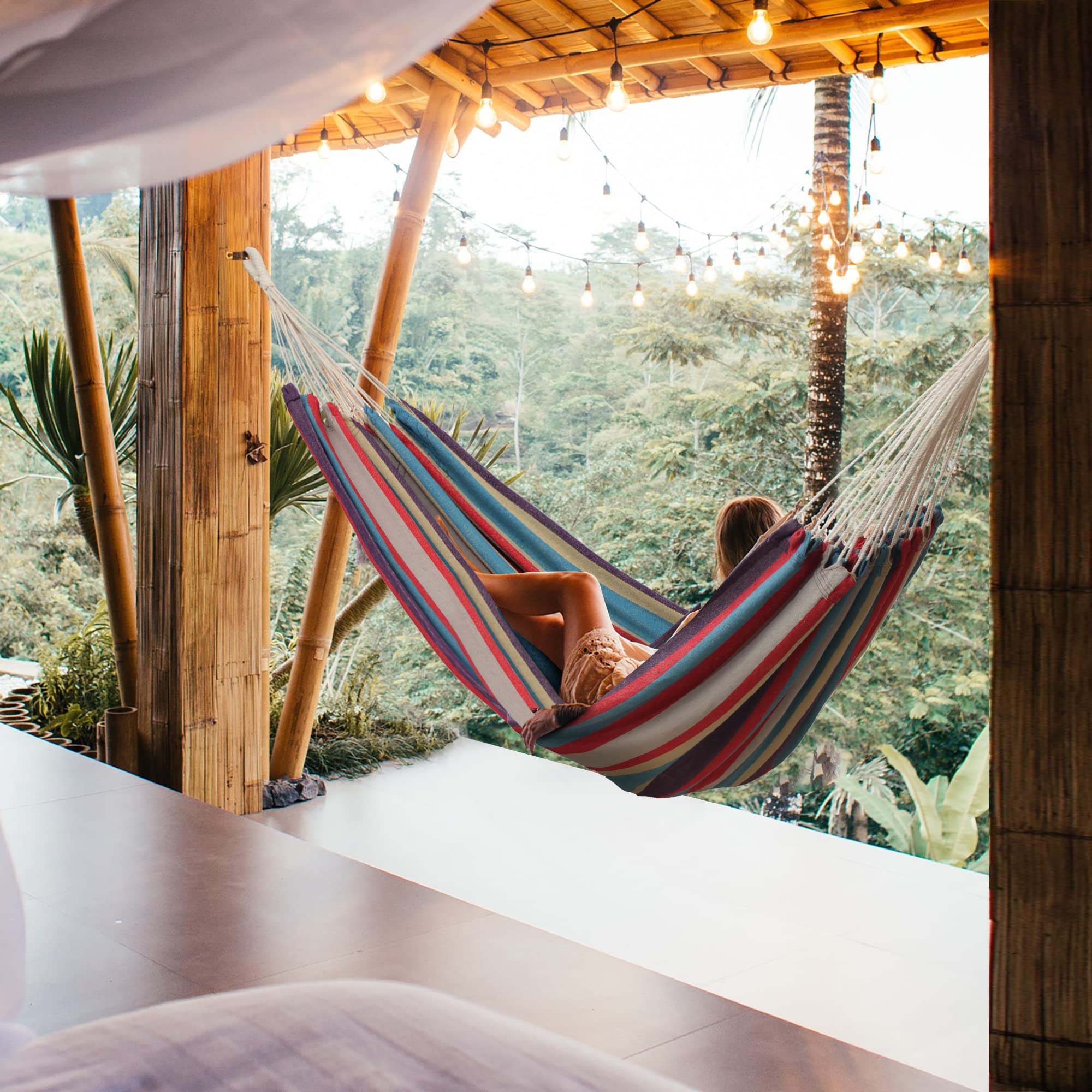 NORIDA Indoor & Outdoor Cotton Hammock with Tree Straps - Durable 450lbs Capacity, Portable with Travel Bag - Comfortable Fabric for Porch, Patio, Backyard & Camping (Blue Lashes) - Perfect for Relaxation, Reading & Lounging