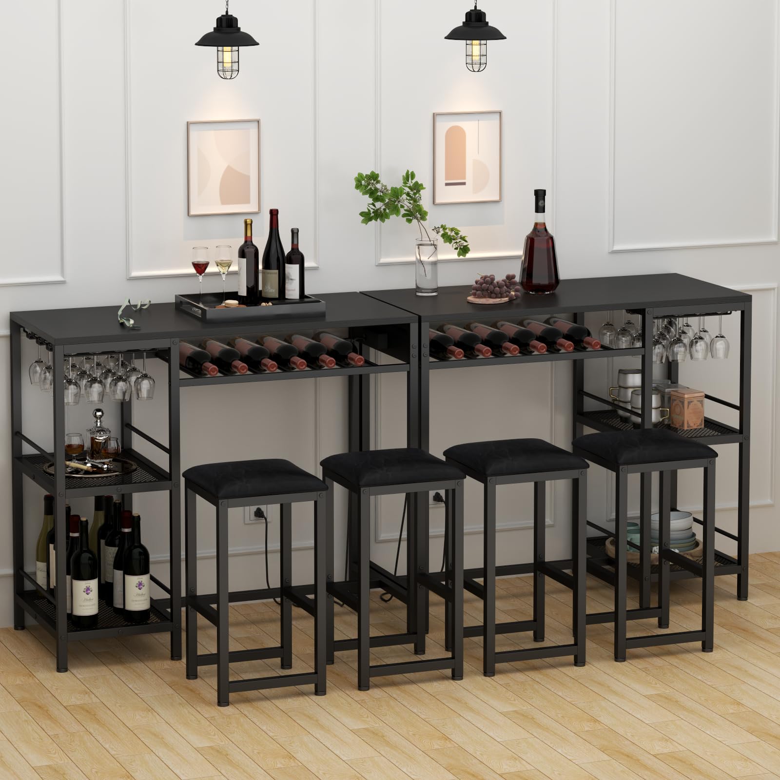 Modern Black Bar Table and Chairs Set with Power Outlet, 3-Piece Pub Table Set with 2 Storage Shelves, Wine Rack & Glass Holder - Perfect for Living Room, Dining Room, Small Apartment, and Outdoor Patio