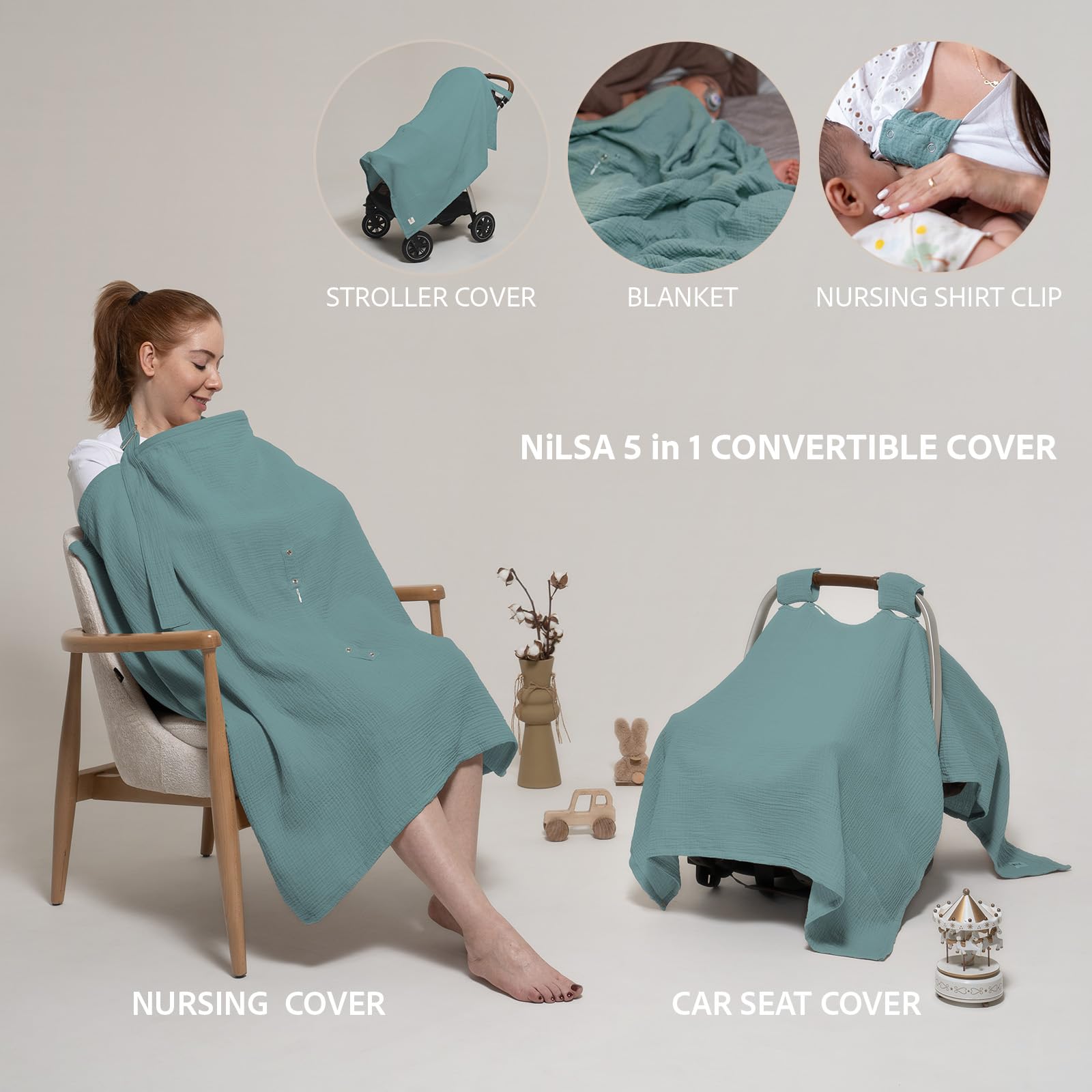 Nilsa 5-in-1 Muslin Nursing Cover for Breastfeeding & Baby Car Seat - 100% Cotton Breathable Nursing Cover with Rigid Hoop - Privacy Apron for Nursing Moms (Mint Green) | Perfect for On-the-Go Feeding, Shopping & Travel
