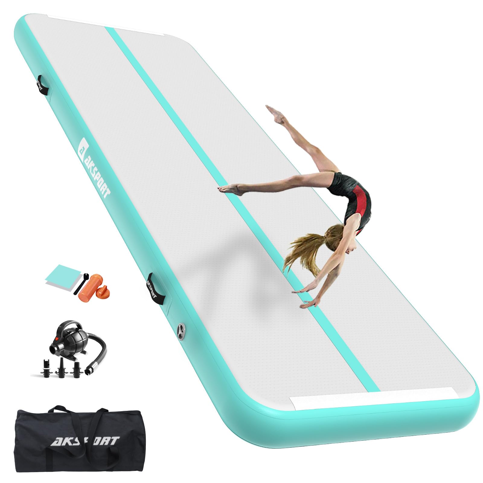 AKSPORT Inflatable Gymnastics Air Mat - Portable Tumble Track & Tumbling Mat with Air Pump for Home, Gym, Training, Cheerleading, Parkour - Perfect for Indoor Practice, Outdoor Beach & Park Activities, Water Play