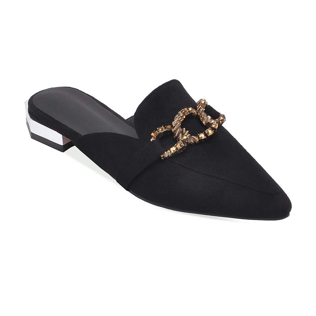 Mioke Women's Pointed Toe Buckle Mules - Slip On Backless Loafers with Comfort Low Heel - Dress Slipper Shoes for Work, Office & Casual Wear - Black