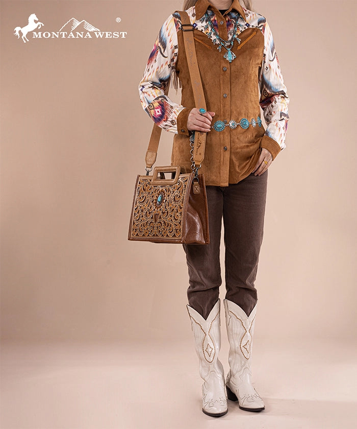 Montana West Embroidered Tote Bag Set - Stylish Cut Out Design for Women, Perfect for Work, Travel and Shopping