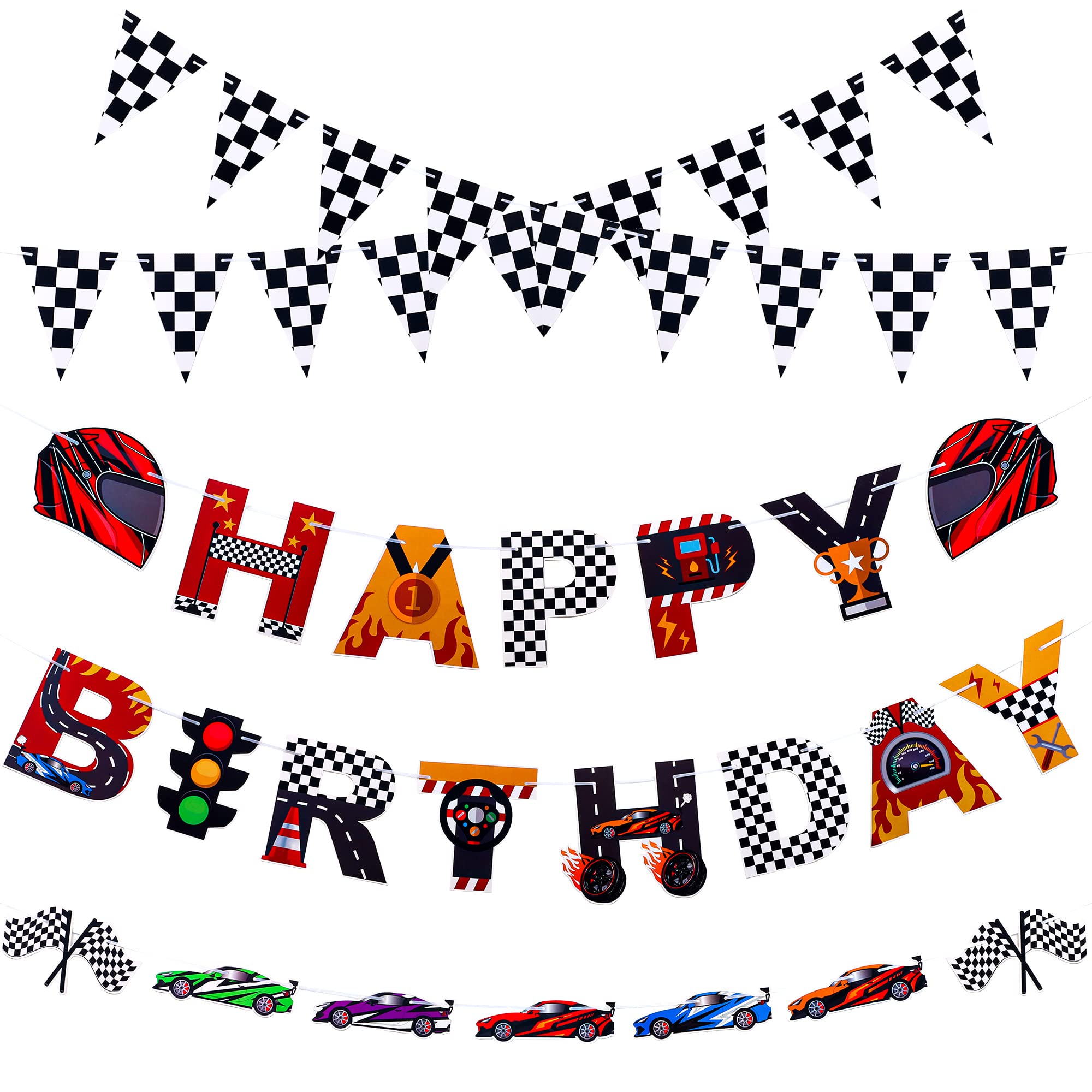 5-Piece Race Car Party Banner Set - Happy Birthday Checkered Flag Pennants, Car Theme Garlands & Photo Props for Birthday Decorations, Baby Shower Wall Decor | Perfect for Kids' Birthday Parties, Themed Events & Photo Booths