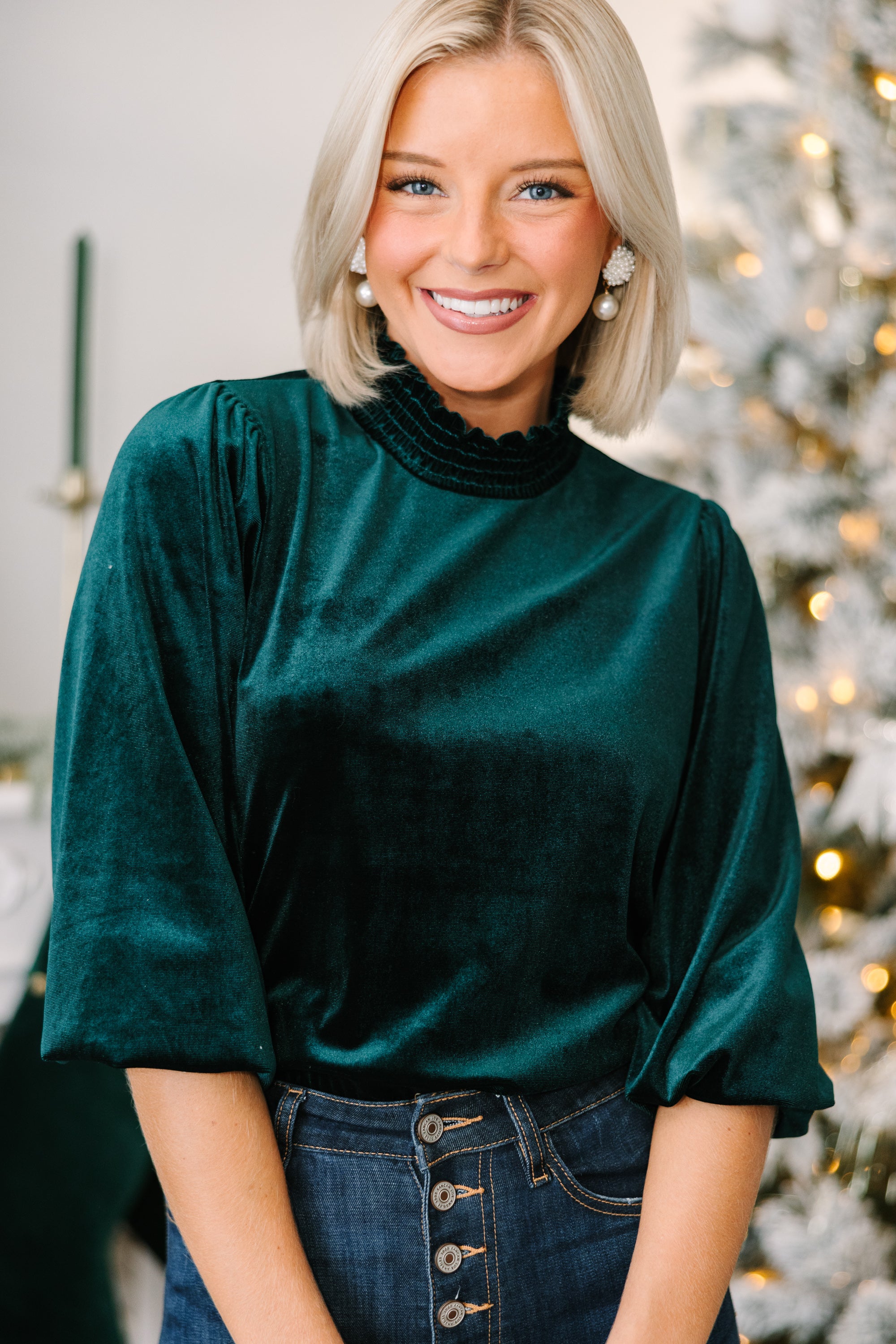 Stylish Hunter Green Velvet Blouse for Women - Soft & Comfortable Long Sleeve Top for Office, Date Night & Fall Fashion