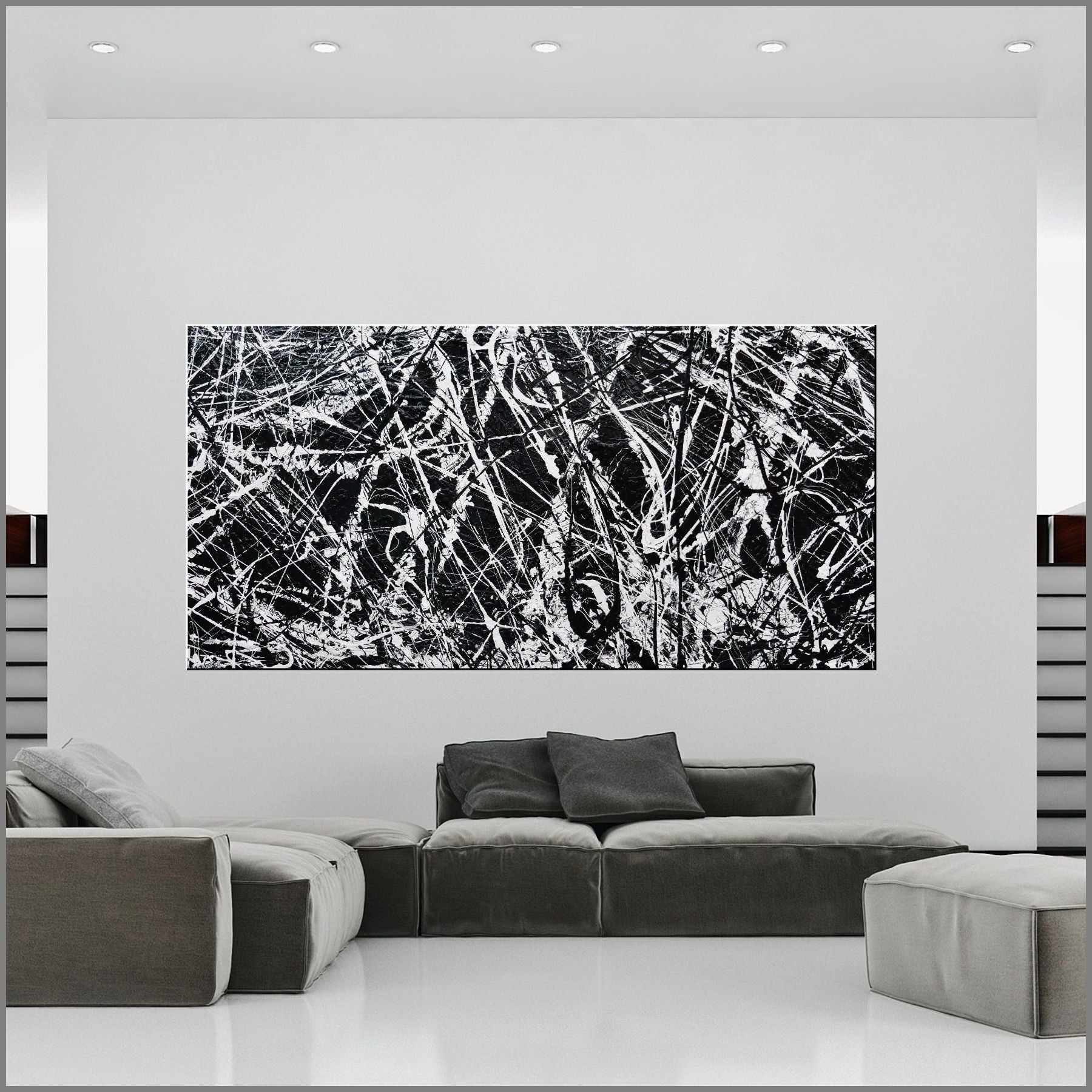 240cm x 120cm Black White Textured Abstract Wall Art Painting - Modern Home Decor for Living Room, Bedroom & Office | Brain Freezer Collection