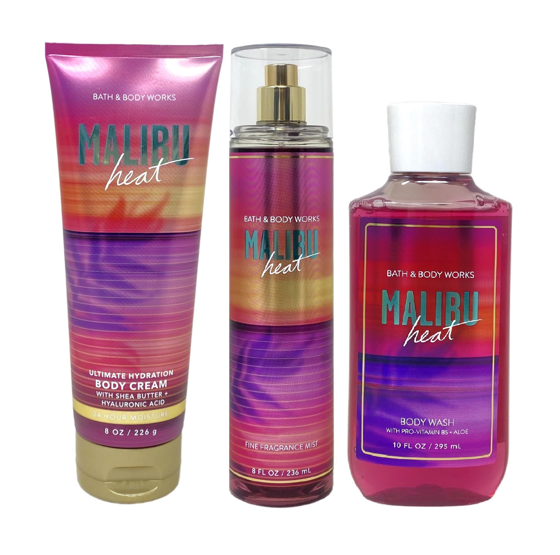 Bath & Body Works Malibu Heat 3-Piece Gift Set - Full Size Body Cream, Fragrance Mist & Shower Gel | Summer Body Care Collection for Women, Beach Vacation Essentials