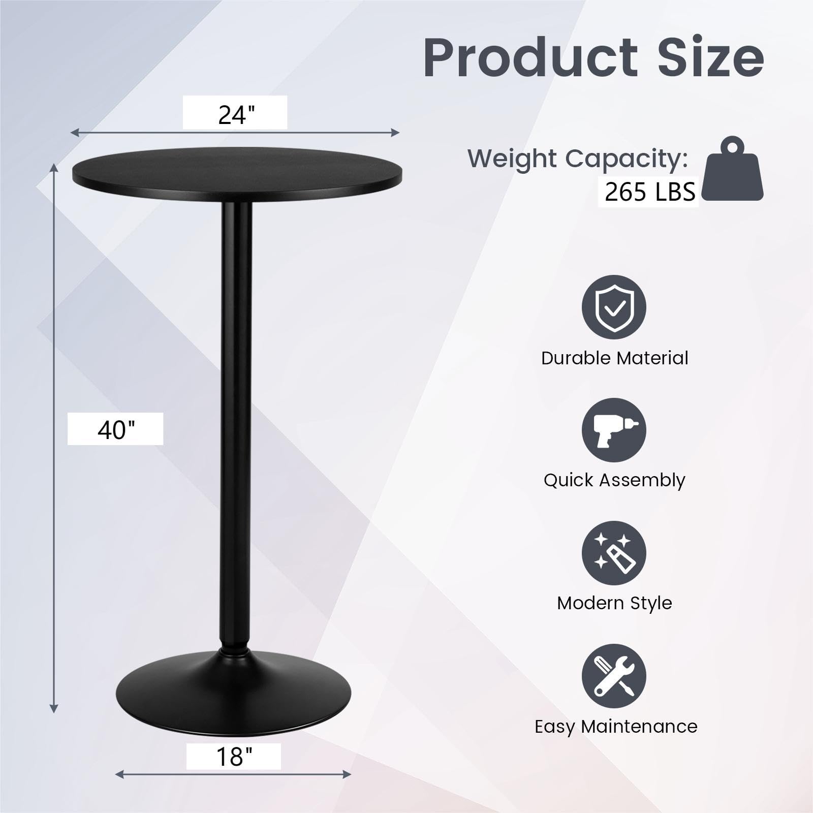 24” Round Top Pub Bar Table - 40” Height Cocktail Table with Metal Base & MDF Tabletop - Modern Circular Bistro High Table for Dining Room, Living Room, Kitchen, Restaurant, Home Bar, Black - Perfect for Small Spaces, Outdoor Patios, and Compact Urban Apartments