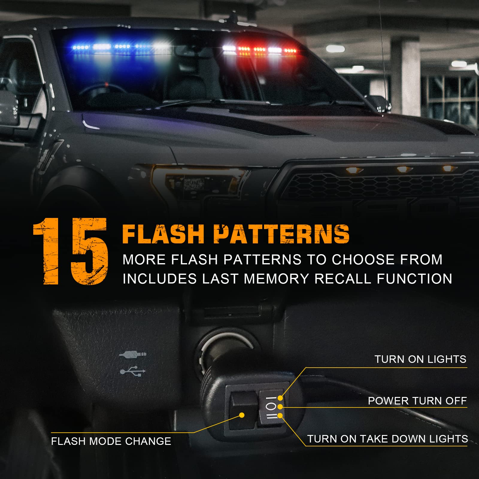 XRIDONSEN 34 Inch Emergency Police Light Bar - 40 LED Red & Blue Strobe Lights for Vehicles & Trucks - Interior Windshield Mount with White Take Down Deck - Safety Warning Flashing Lights for Emergency, Security, and Off-Road Use
