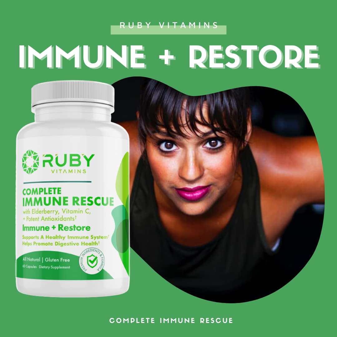Ruby Vitamins Complete Immune Rescue - Vegan & Gluten Free Immunity Supplement with Vitamin C, E, B6, Zinc, L-Glutamine, Elderberry, Echinacea & Probiotics - Boost Wellness for Cold Season, Travel & Daily Immune Support