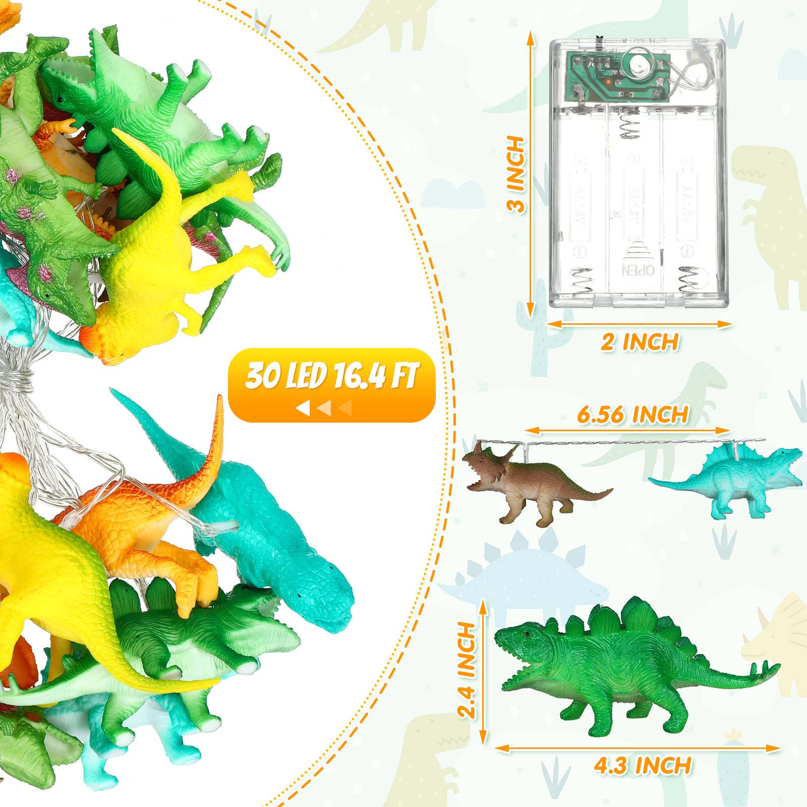 Riakrum LED Dinosaur String Lights - 16.4ft Battery Powered for Bedroom, Tent & Garden Decor