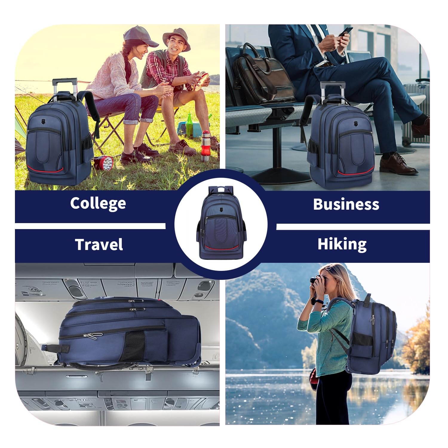 Rolling Backpack for Women & Men - 19.68 Inch Wheeled Laptop Backpack with Wheels for Travel, Work & Business - Lightweight Carry-On Luggage (Blue) - Perfect for Airplane, Commuting & College Students