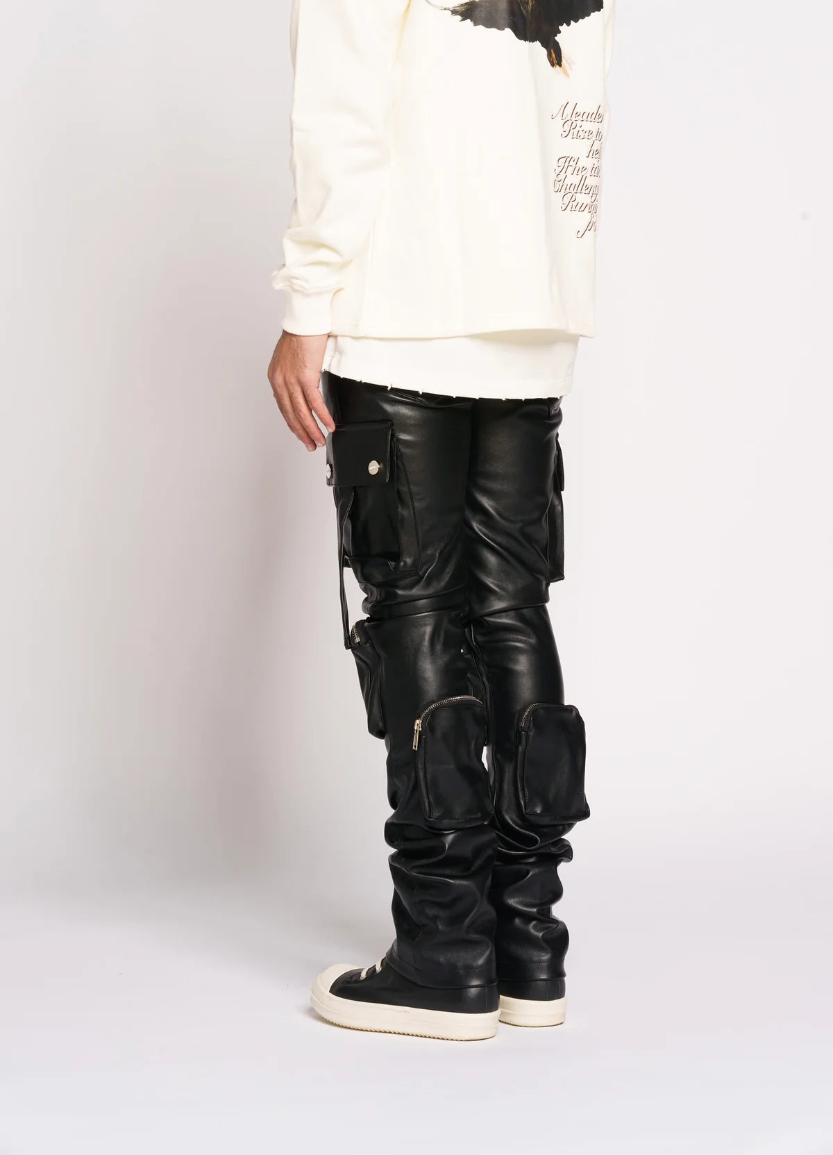 Pheelings NEVER LOOK BACK Women's Cargo Flare Stack Leather Pants - Stylish High-Waisted Vintage Jeans for Casual Outfits & Streetwear Fashion