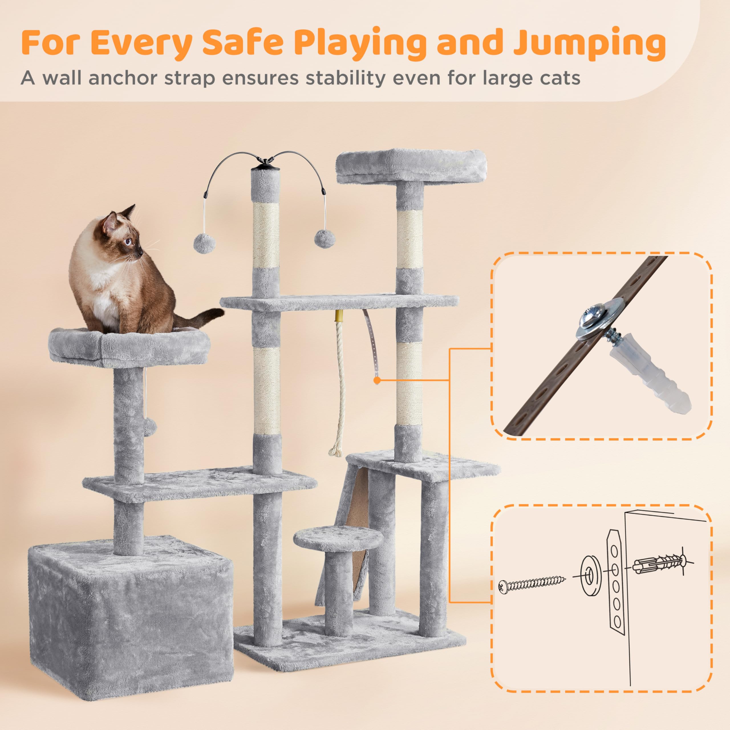 Yaheetech 53.5in Rotatable Cat Tree Tower for Indoor Cats - Multi-Level Climbing House with Scratching Posts, Cat Furniture Play Center in Light Gray - Perfect for Small Spaces & Playful Kittens
