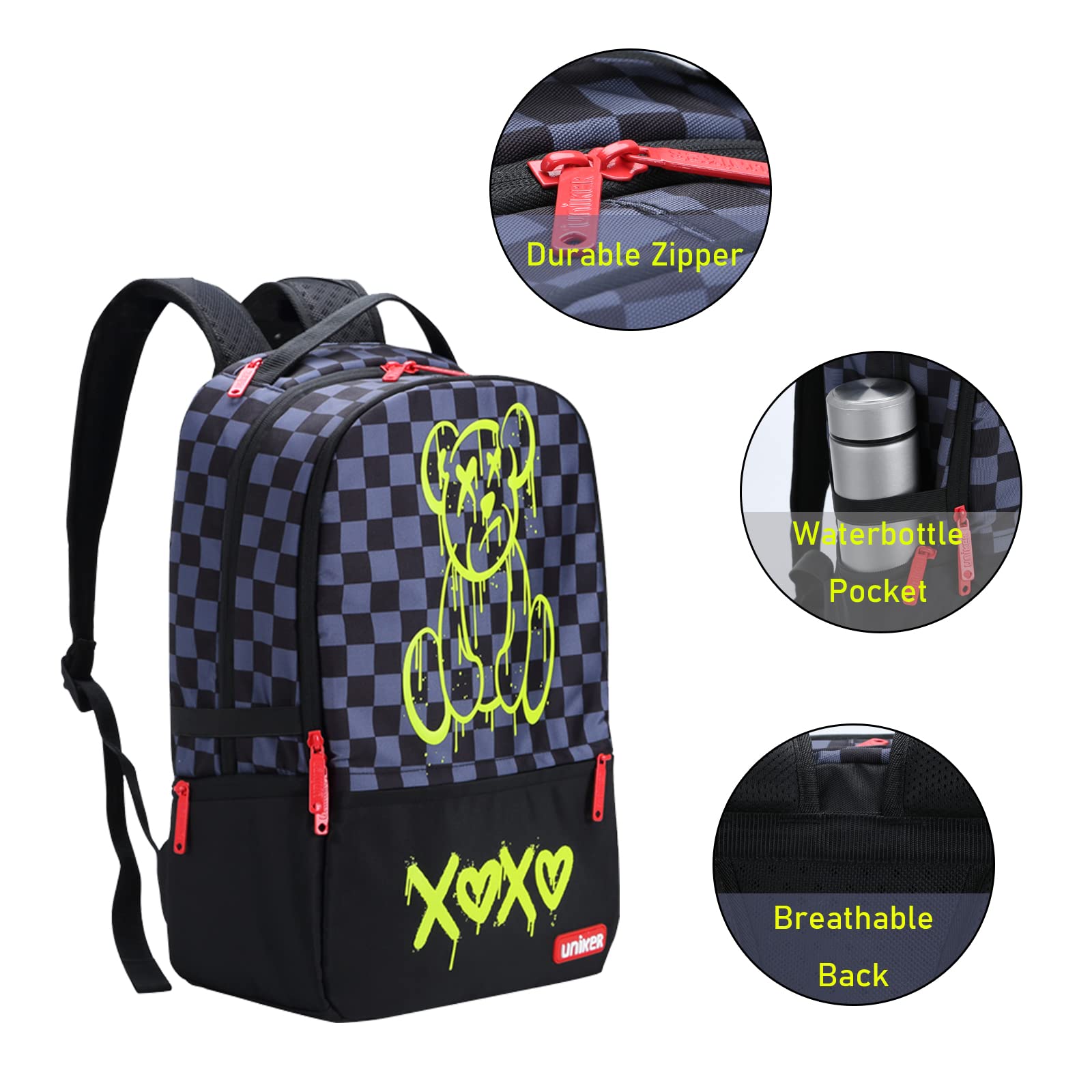 UNIKER Anti-Theft USB Charging Laptop Backpack for Men & Women - 15.6 Inch Waterproof Graffiti School Backpack with USB Port - Stylish Work & College Backpack (Black Bear Design) - Perfect for Office, Travel & Daily Commute
