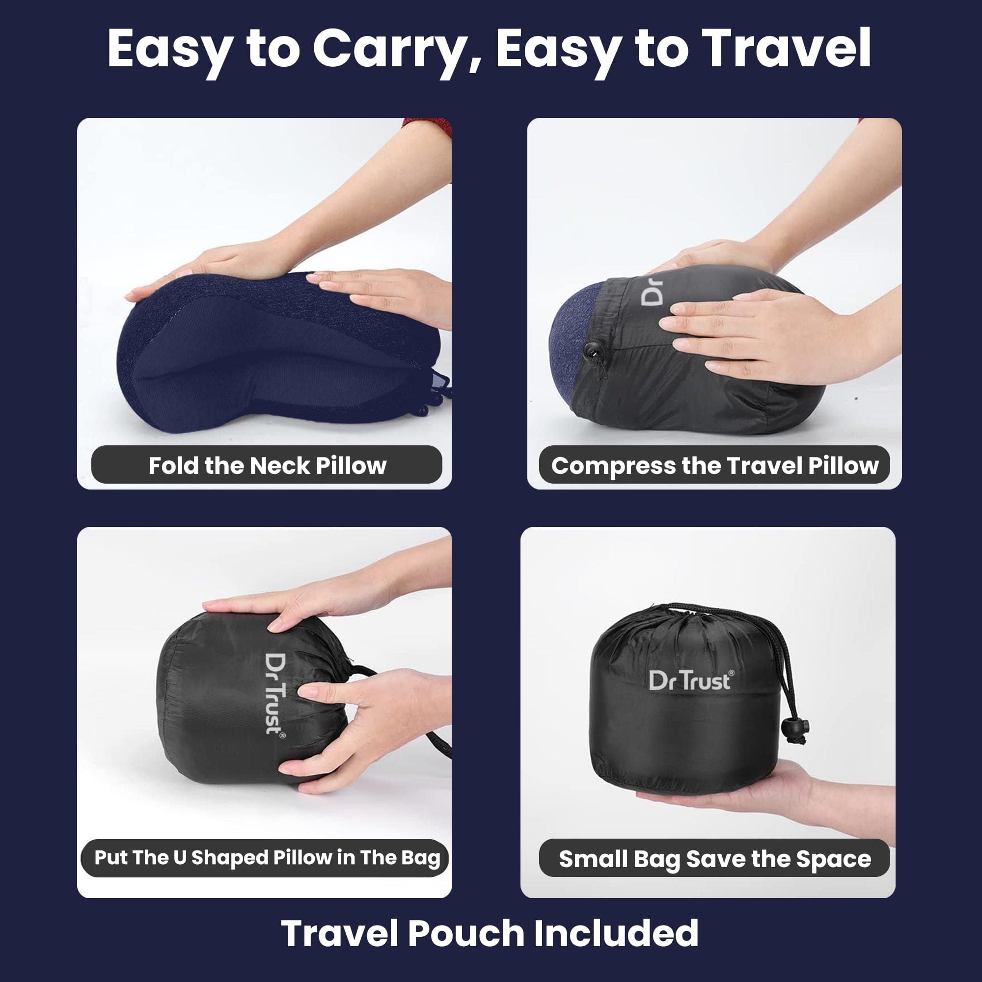 Dr Trust USA Orthopedic Memory Foam Travel Neck Pillow for Adults - Cervical Pain Relief Airplane Head Rest Support Cushion - Perfect for Long Flights, Road Trips & Office Comfort