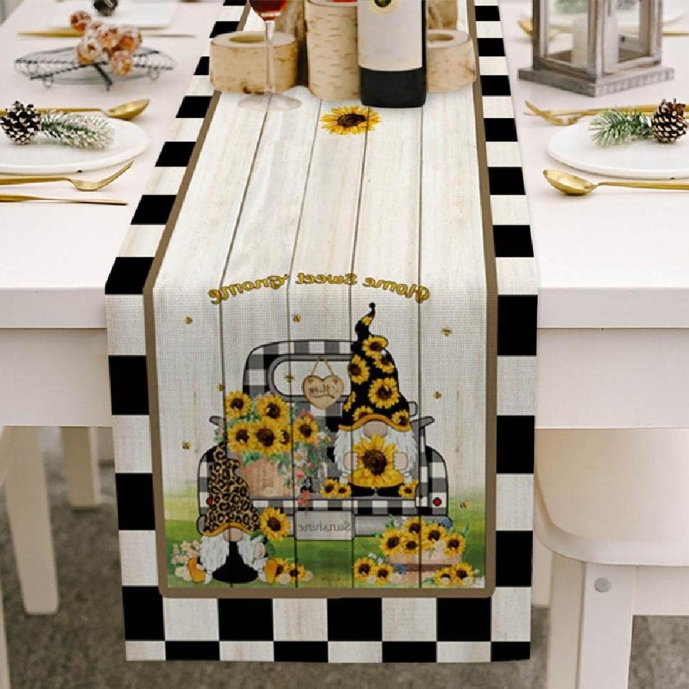 Sunflower Gnome Cotton Linen Table Runner - Farmhouse Kitchen Decor for Spring & Easter - Washable Tablecloth for Dining Table, Coffee Table, Buffet Decor - Perfect for Rustic Weddings, Holiday Parties & Home Styling