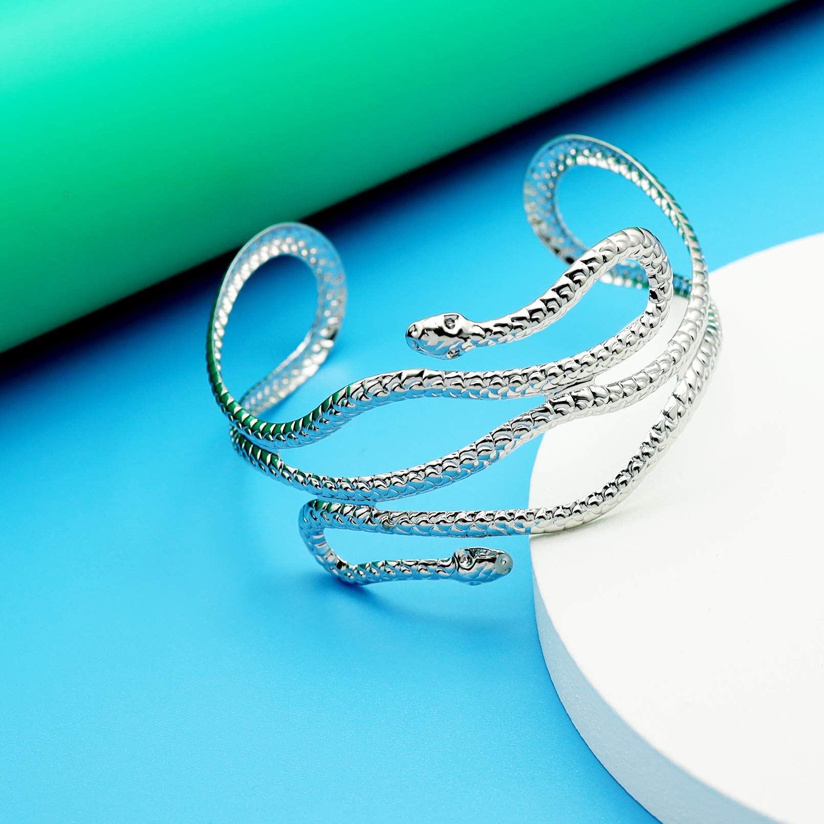 RechicGu 2-Piece Cleopatra Goddess Snake Arm Cuff Set - Adjustable Metal Cobra Bangle Bracelet, Greek Egyptian Style Silver Armlet for Costume & Cosplay - Perfect for Halloween, Themed Parties and Historical Reenactments