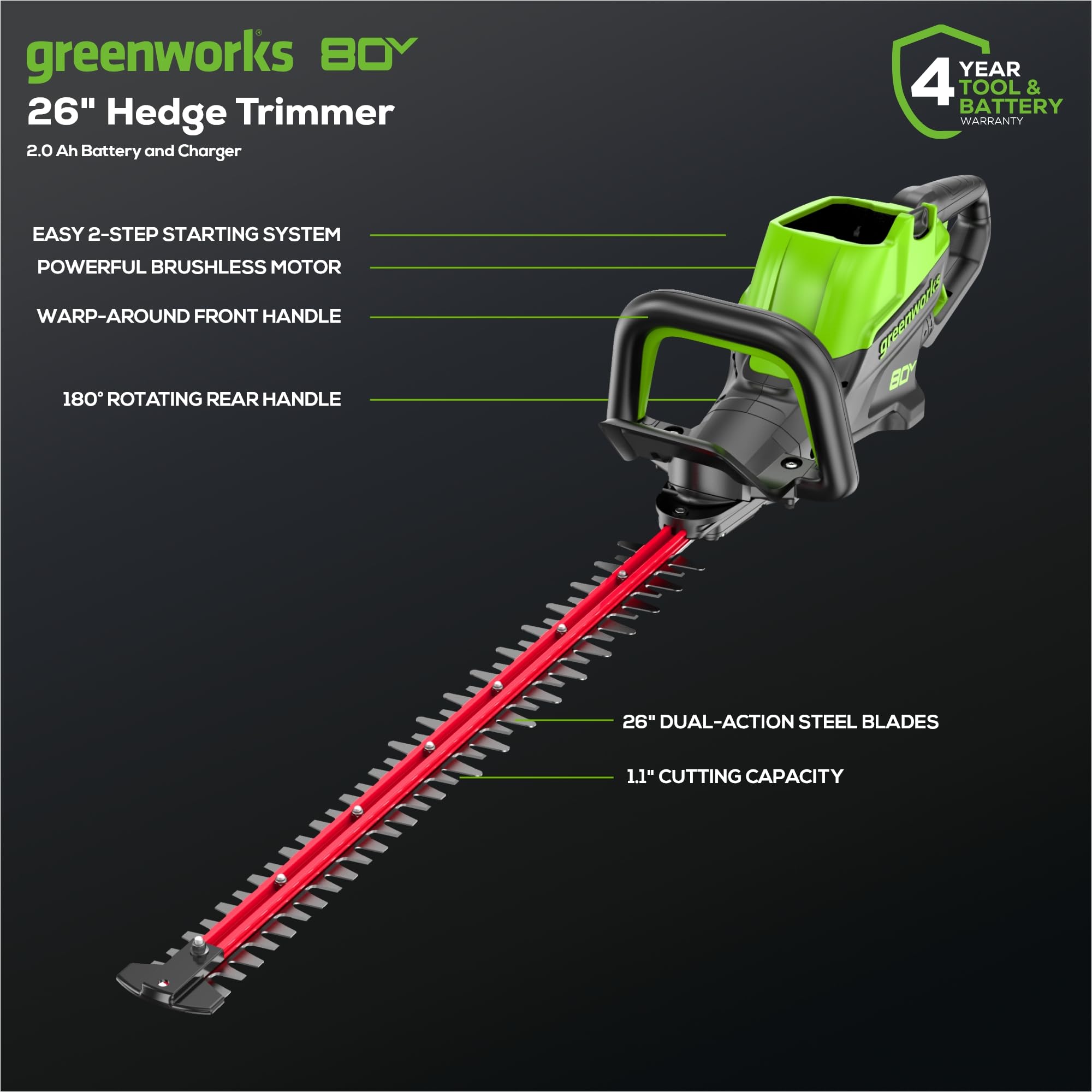 Greenworks 80V 26-Inch Cordless Hedge Trimmer with Brushless Motor, 2.0Ah Battery & Fast 2A Charger Included - Perfect for Landscaping, Yard Maintenance and Professional Gardening