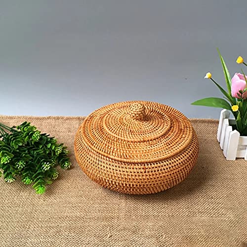 Hand-Woven Rattan Storage Basket with Lid - Round Woven Storage Box for Jewelry, Snacks & Tea Set (22x13cm/28x14cm) - Natural Home Organization for Bedroom, Bathroom & Living Room Decor
