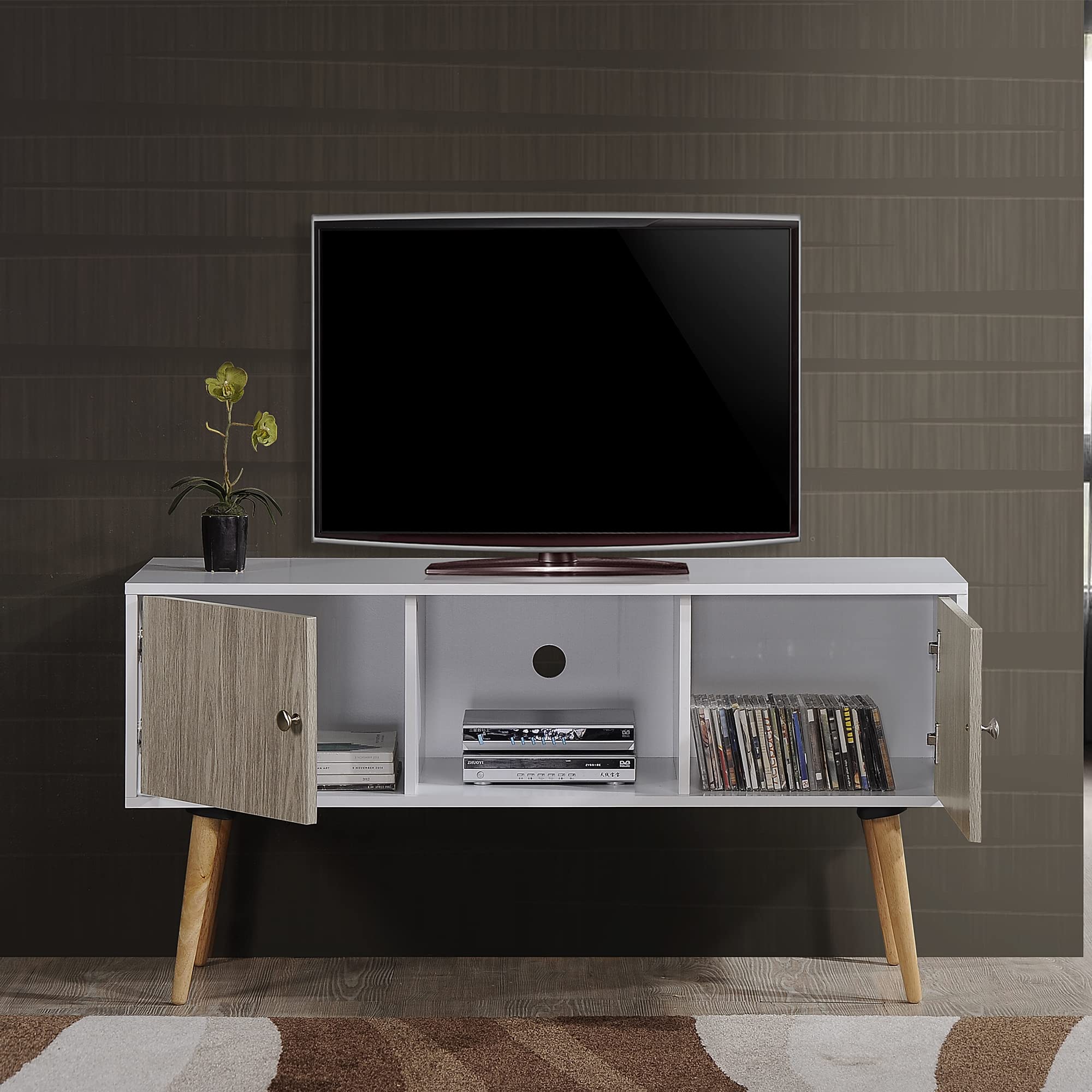 Hodedah White Retro Style TV Stand with 2 Storage Doors & Solid Wood Legs - Perfect for Living Room, Bedroom Home Entertainment Setup