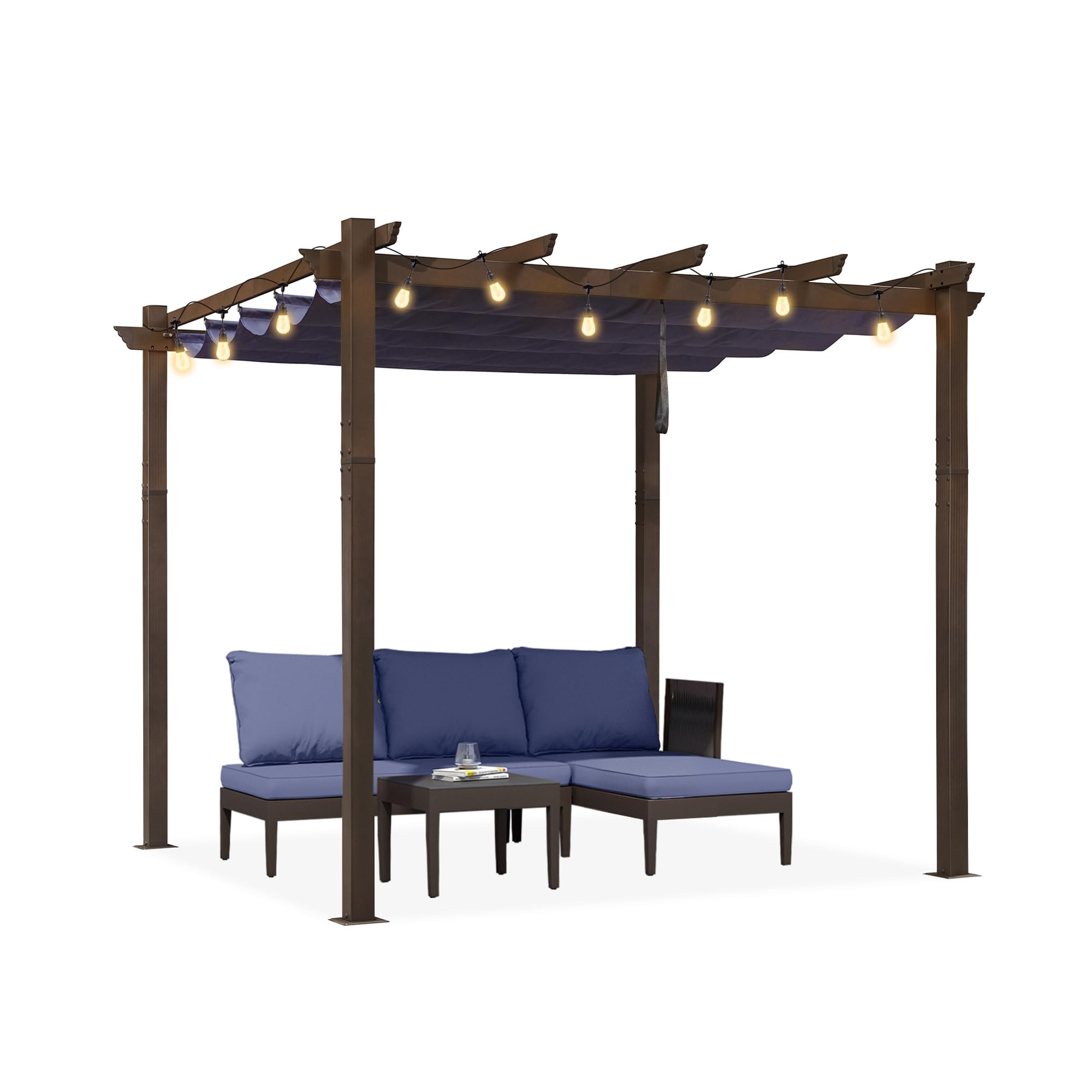 PURPLE LEAF 10x10 FT Retractable Aluminum Pergola with Sun Shade Canopy & 24FT String Lights - Modern Brown Outdoor Shelter for Patio, Garden, Deck (Grape/Navy Blue) | Perfect for Backyard Relaxation & Outdoor Entertaining