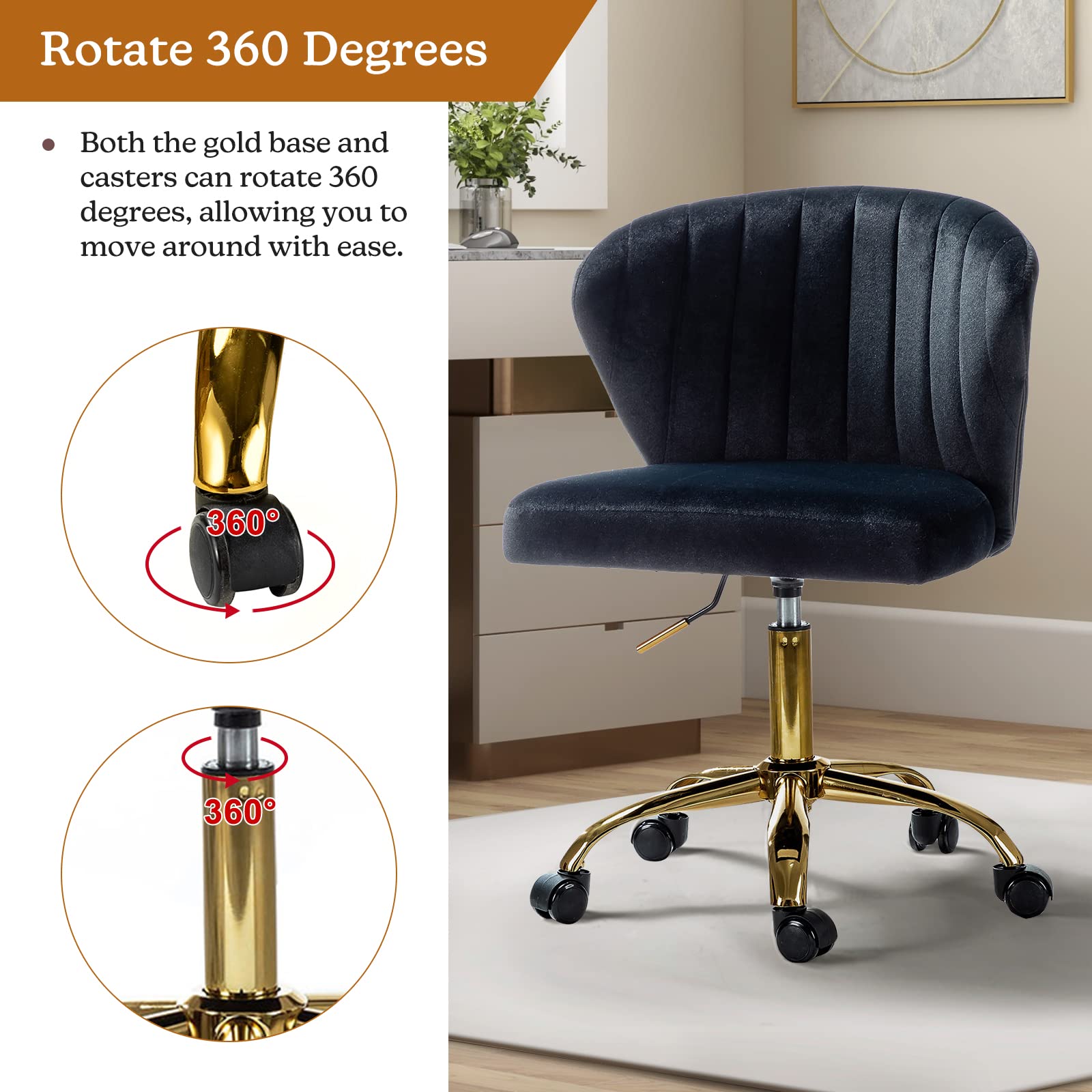 TINA'S HOME Modern Velvet Office Chair with Wheels - Adjustable Low Back Swivel Rolling Task Chair, Gold Base Armless Design for Home Office, Living Room, Vanity or Study - Black | Ergonomic Workspace & Reading Solution