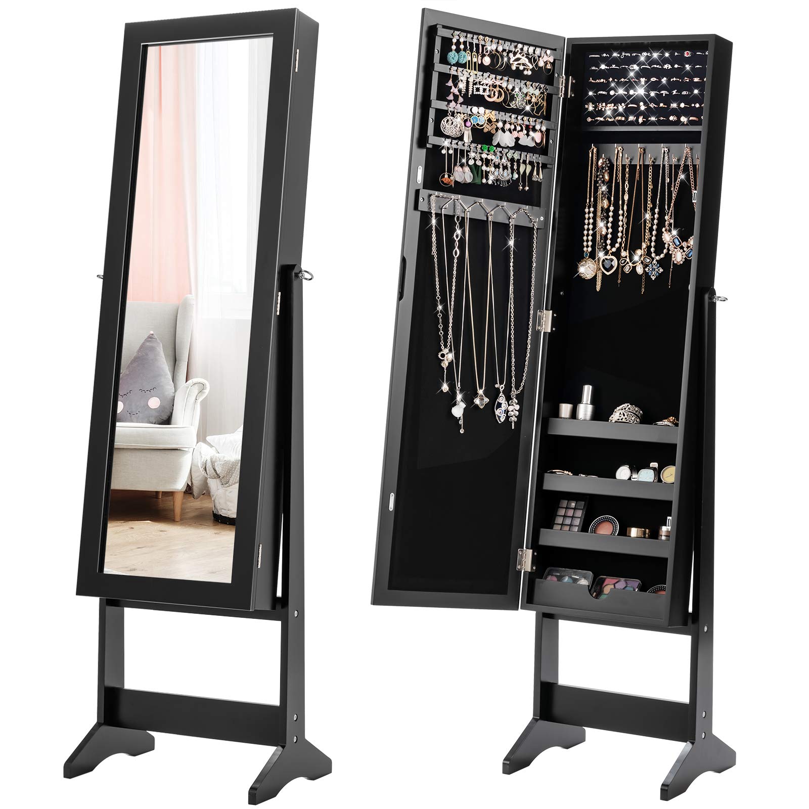 Giantex Standing Jewelry Cabinet with Full-Length Mirror - 64 Earring Slots, 20 Necklace Hooks, 72 Ring Holders & 4 Makeup Shelves - Adjustable Jewelry Armoire Organizer for Bedroom, Dressing Room & Closet (Black)