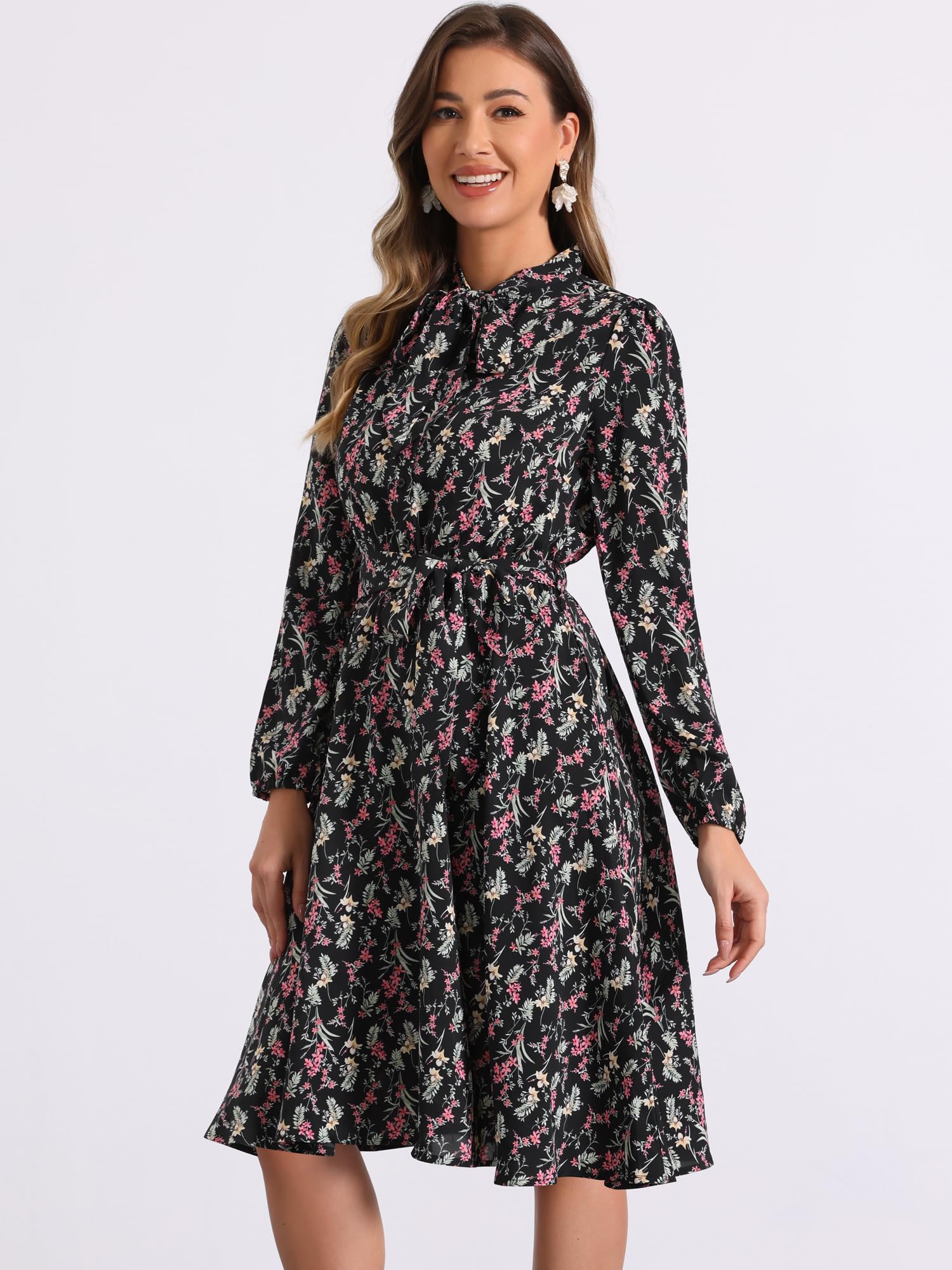 Allegra K Women's Vintage Floral Chiffon Dress with Tie Neck, Long Sleeves & Belt - Elegant Office Wear, Wedding Guest Dress & Spring Party Outfit