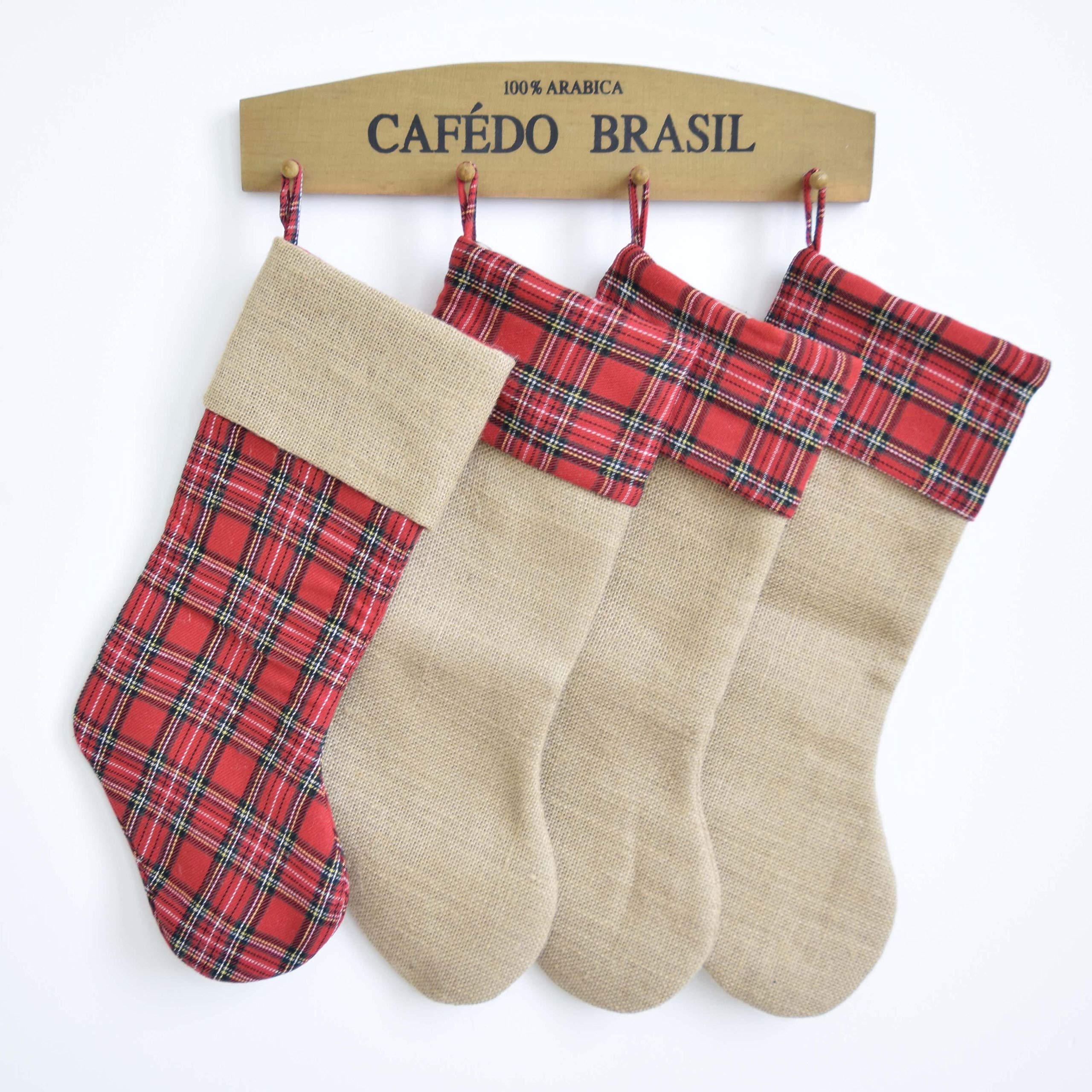 4 Pack Christmas Stockings - 18 Inch Large Thick Red Plaid or Jute Burlap Luxury Stockings for Holiday Decor, Family Gifts & Xmas Party Mantel Decorations (Plaid/Jute) - Perfect for Fireplace Mantel, Christmas Tree Decor & Festive Home Decorating