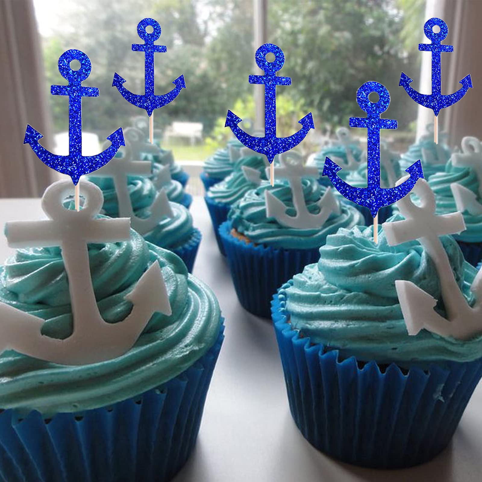 24PCS Nautical Anchor Cupcake Toppers - Navy Blue Ocean Theme Cupcake Decorations for Baby Shower, Birthday, Wedding & Party - Food Safe Fruit Picks for Dessert Buffet & Beach Themed Events