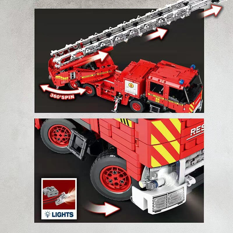 REOBRIX 22005 Fire Ladder Truck RC Building Set - 2888 Pieces STEM Toy for Kids & Adults, Remote Control Fire Truck Model with Working Ladder - Perfect for Birthday Gifts & Collectors (Play, Display, Emergency Rescue Simulation)