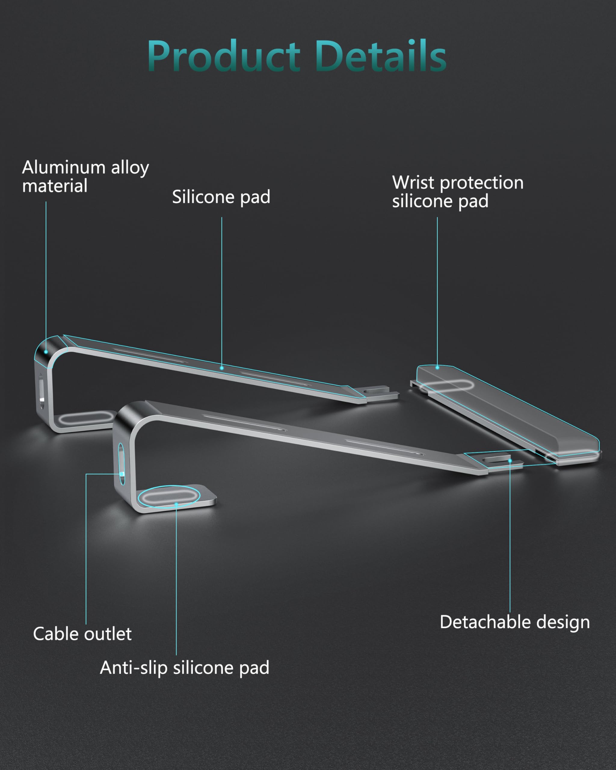 Aluminum Laptop Stand for Desk with Wrist Rest Pad, Detachable Laptop Mount for MacBook Air Pro, Dell, HP, 10-17 Inches Notebooks, Heavy Stable Holder, Silver - Perfect for Home Office and Gaming Setup