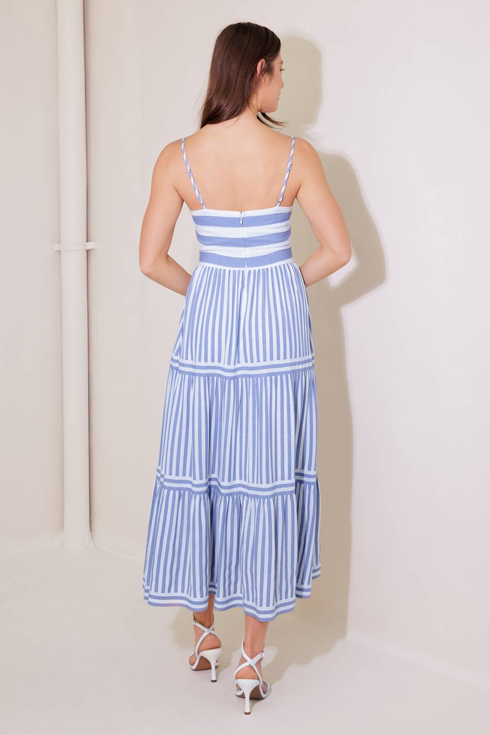 ANYTHING IS POSSIBLE Women's Blue & White Midi Dress - Perfect for Casual Outings, Office Wear & Summer Parties