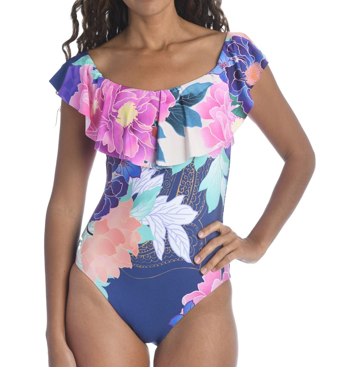 Trina Turk Women's Off-Shoulder Ruffle Bandeau One-Piece Swimsuit | Stylish Swimwear for Beach, Pool & Vacation | Flattering Summer Bathing Suit