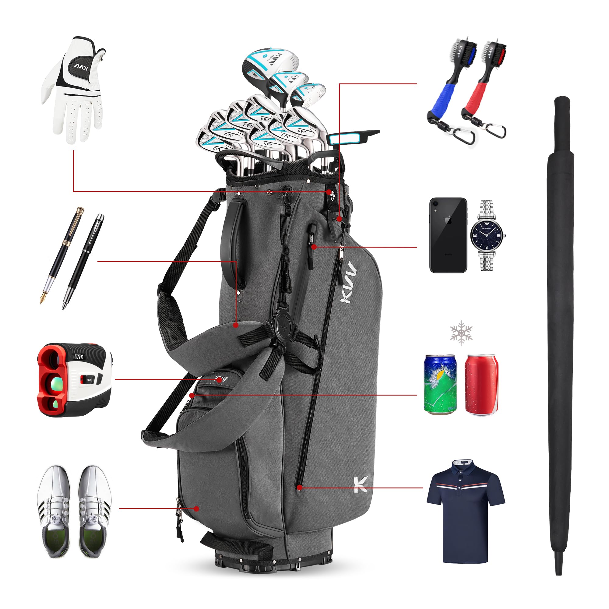 KVV Lightweight Golf Stand Bag with 7-Way Full-Length Dividers & 5 Zippered Pockets - Auto-Adjust Dual Straps, Stylish Design - Perfect for Golfers, Tournaments & Practice Rounds