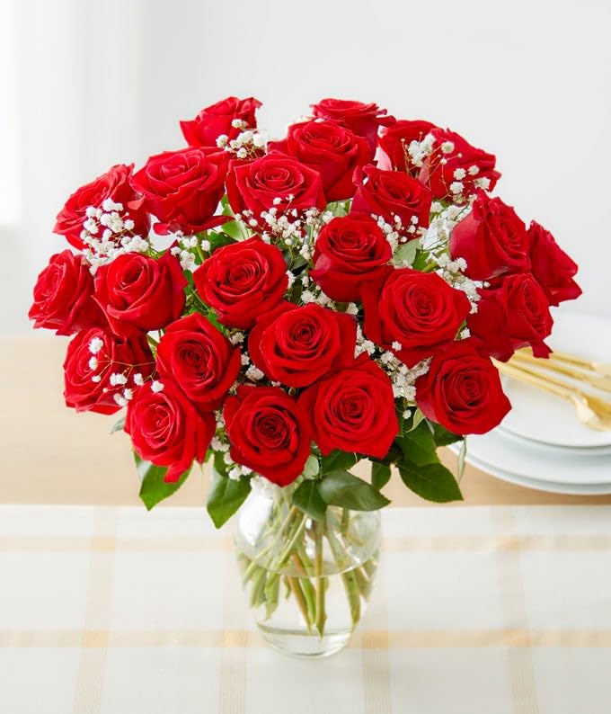 Two Dozen Fresh Red Roses Bouquet with Birthday Pick & Glass Vase - Perfect for Birthday Gifts, Anniversary Celebrations & Romantic Surprises