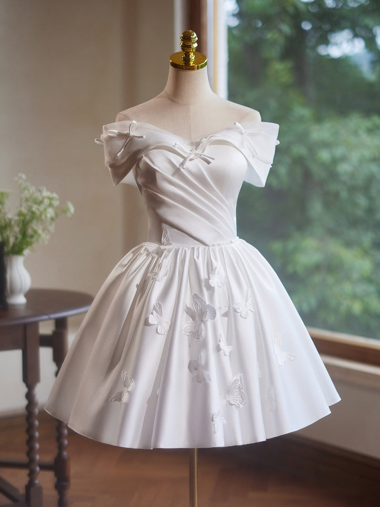 Elegant Off Shoulder A-Line Satin White Short Prom Dress with Butterfly Applique - Perfect for Homecoming, Cocktail Parties & Special Occasions
