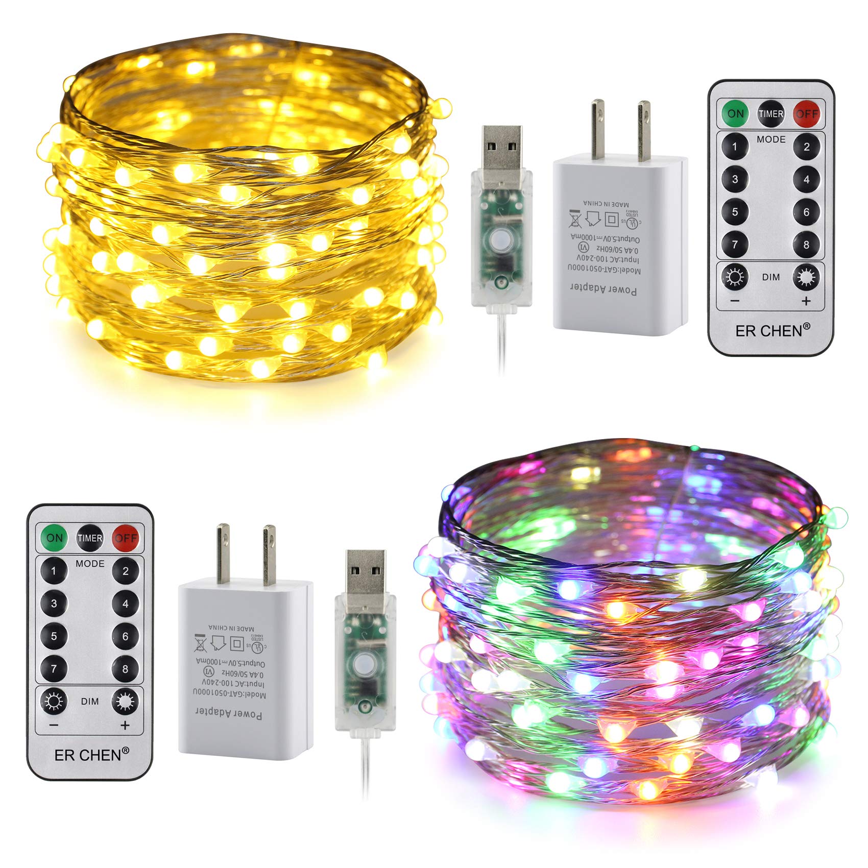 2 Pack 33ft 100 LED USB Fairy String Lights - 8 Modes Warm White & Color Changing with Remote & Timer, UL Adapter - Silver Coated Copper Wire for Bedroom, Patio, Party, Wedding, Christmas Tree, Garden Decor