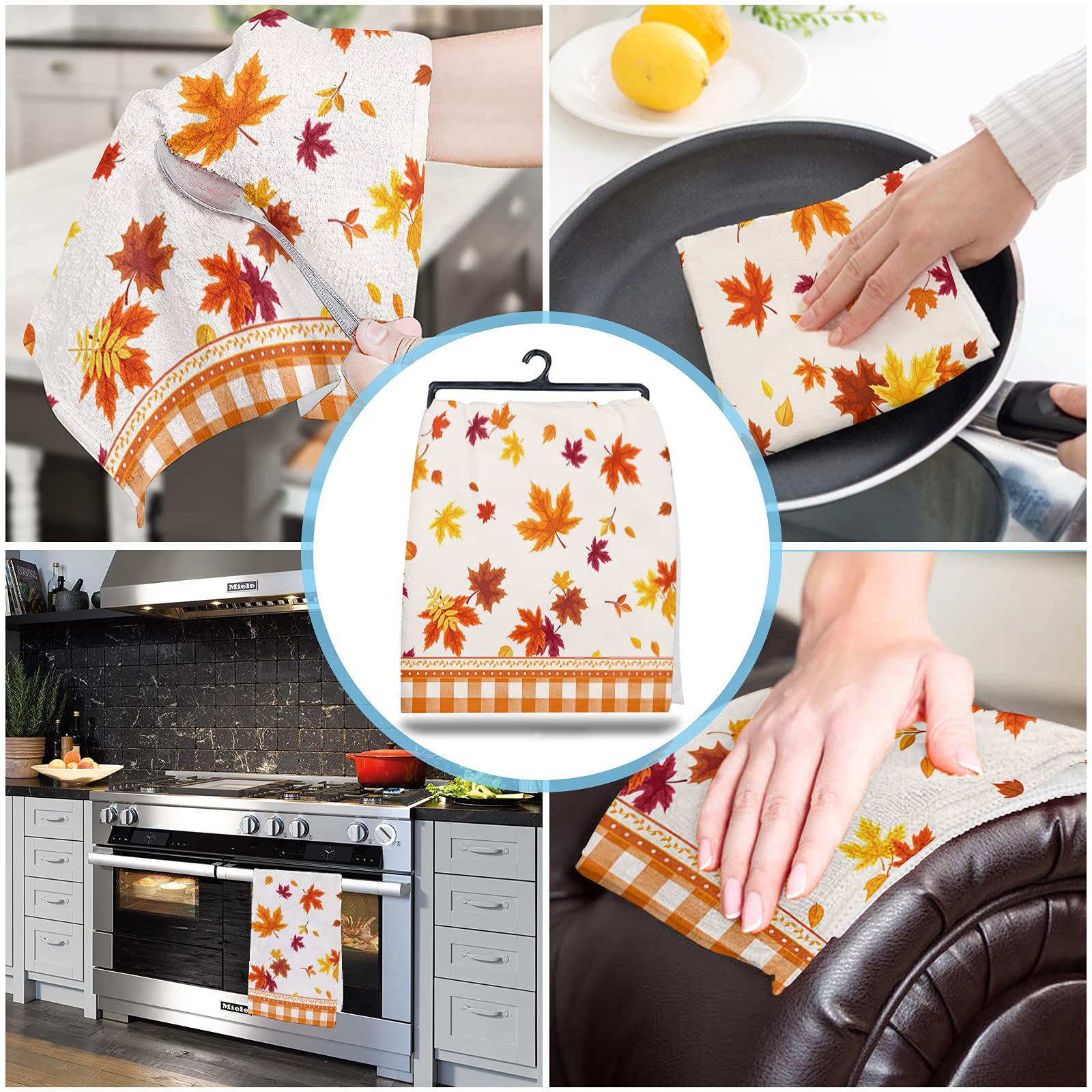 Premium Smile Sunflower Microfiber Kitchen Towels - Super Absorbent Reusable Dish Cloths (18x28 Inch, Pack of 2) - Thanksgiving Maple Leaves Orange Plaid Design for Drying Dishes, Glassware & Counter Cleaning - Perfect for Holiday Decor & Everyday Kitchen Use