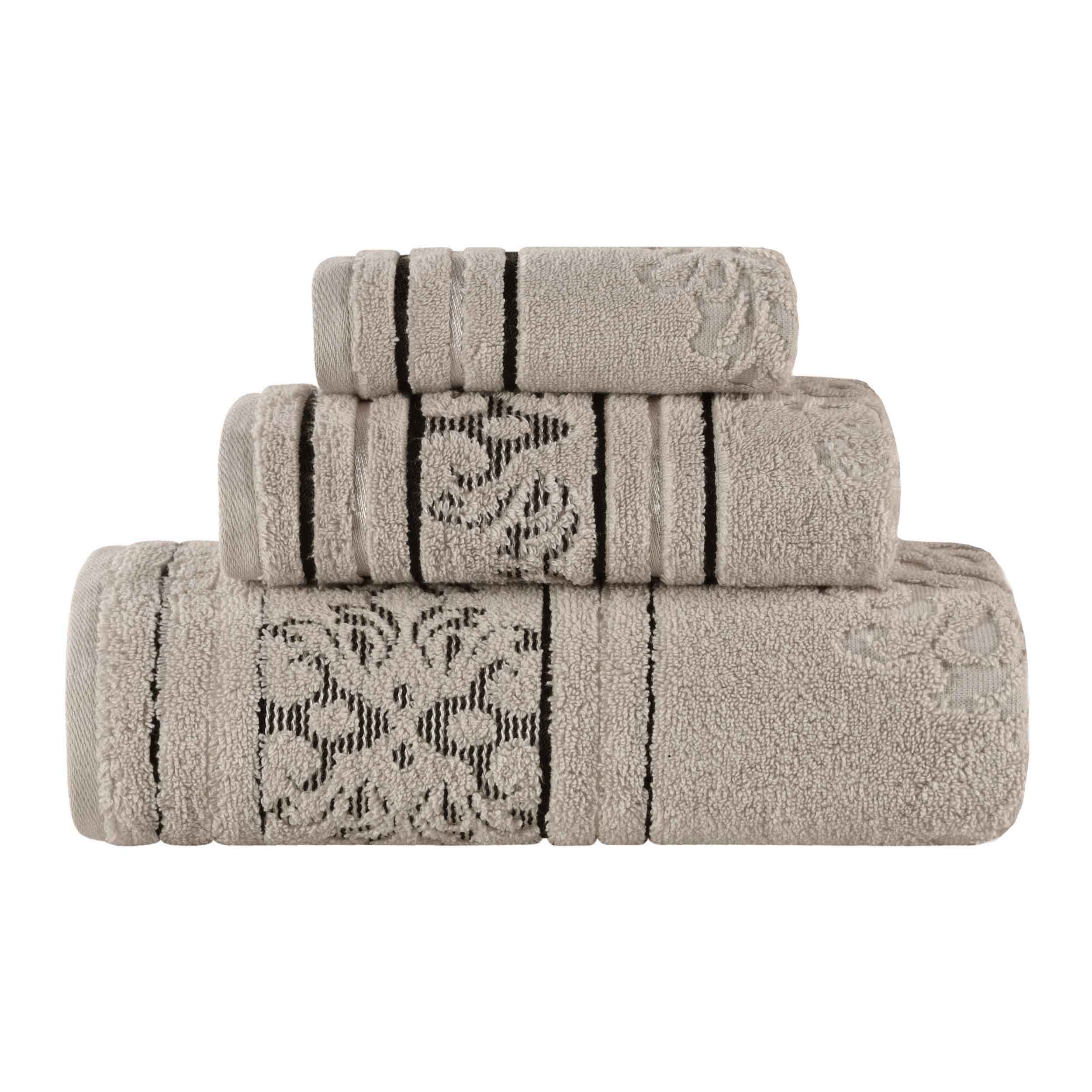 Premium Sadie Zero Twist Cotton 3-Piece Jacquard Towel Set with Elegant Floral Design - Soft Bath Towels for Spa, Guest Bathroom & Luxury Home Decor