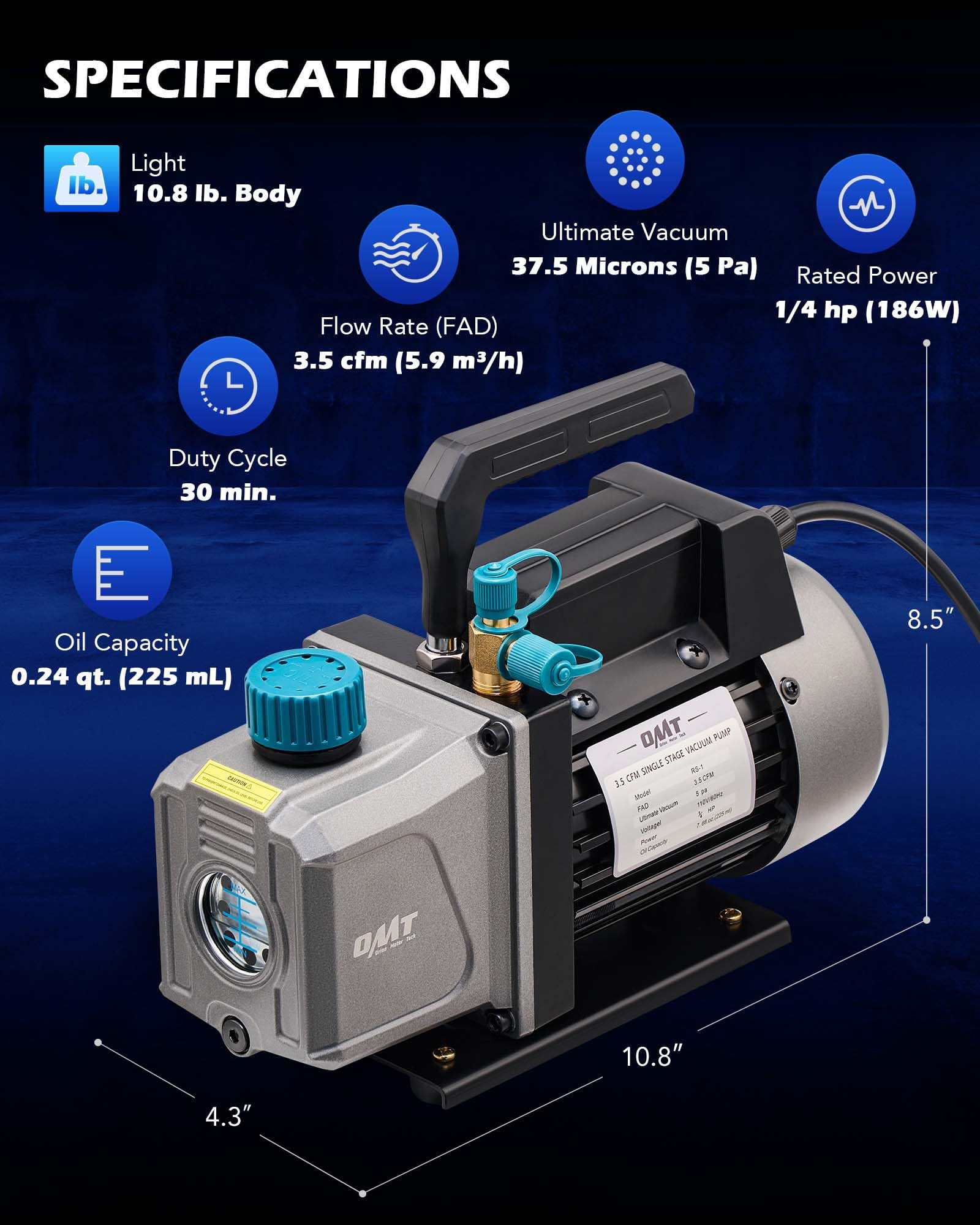 Orion Motor Tech 1/4 HP 3.5 CFM AC Vacuum Pump & Gauge Set - Complete HVAC Manifold Gauge Kit with 3 Hoses & Adapters for R134a R12 R22 R502 Refrigerants - Professional A/C Vacuum Pump Kit for Auto Air Conditioning Repair & Maintenance