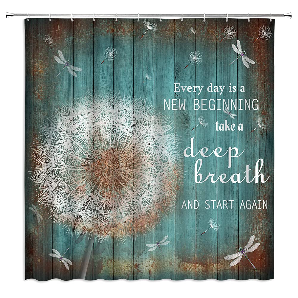 Rustic Teal Wooden Plank Shower Curtain with Dragonfly & Dandelion Design - Farmhouse Vintage Bathroom Decor with Inspirational Quotes - 78x71 Inch Polyester Fabric with Plastic Hooks - Perfect for Country Cabin, Cottage or Boho Style Bathrooms